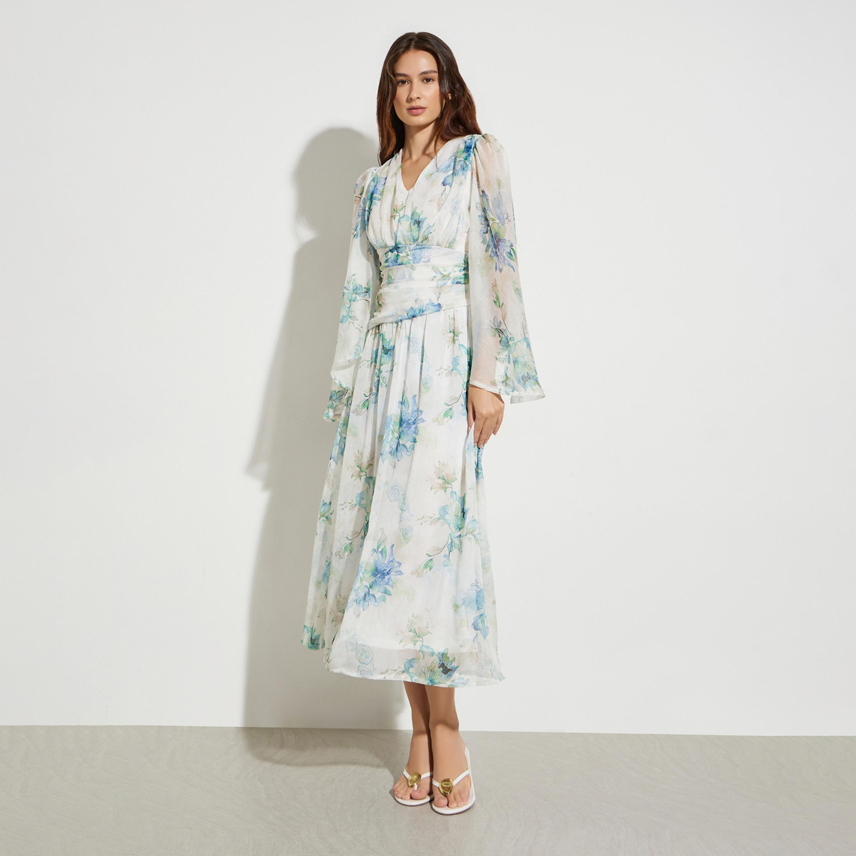 فستان طويل بأكمام طويلة بطبعة زهور-women-clothing-dresses-image-1