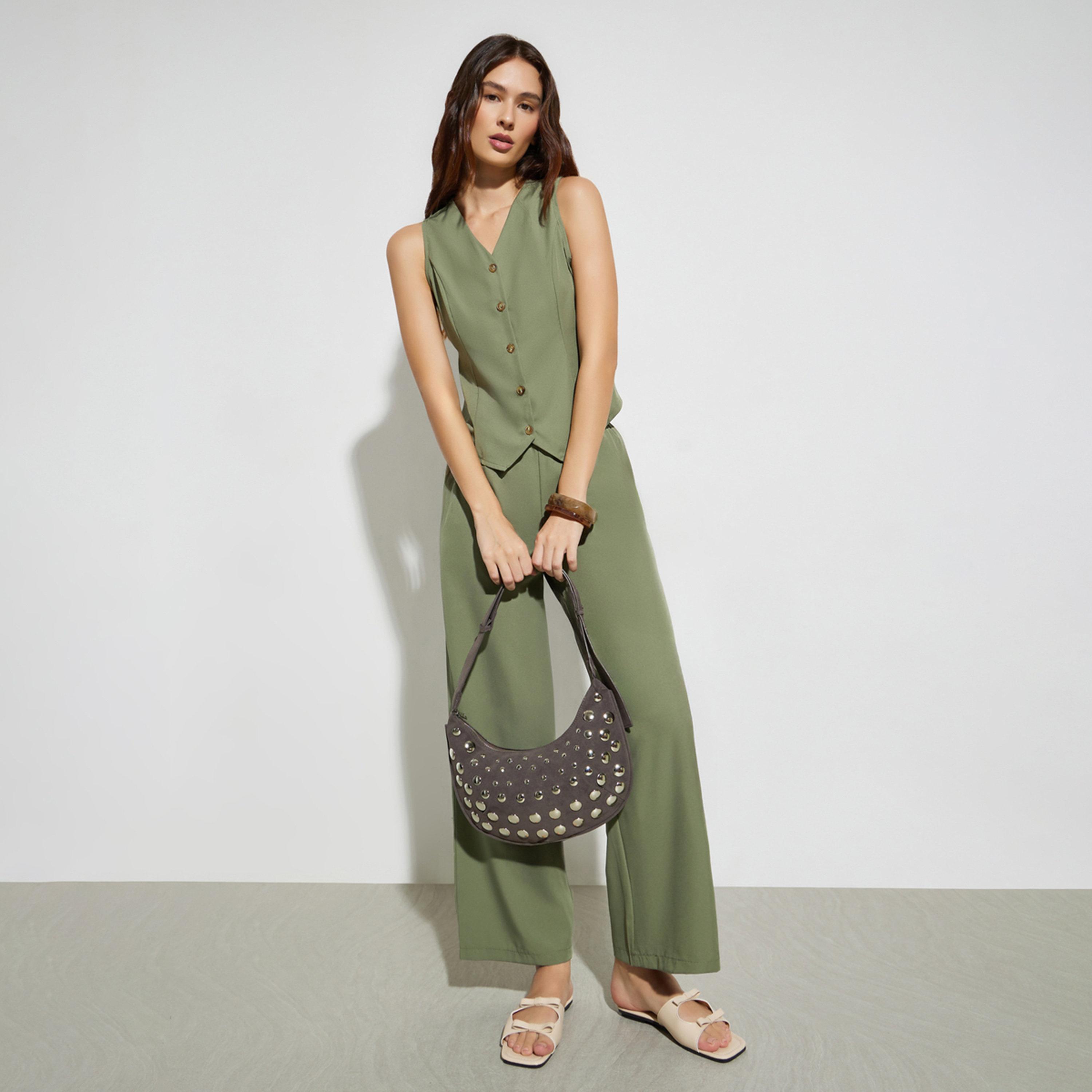Styli Olive Sleeveless Waistcoat and Wide Leg Pants Co-Ords-women-clothing-coordsets-image-1
