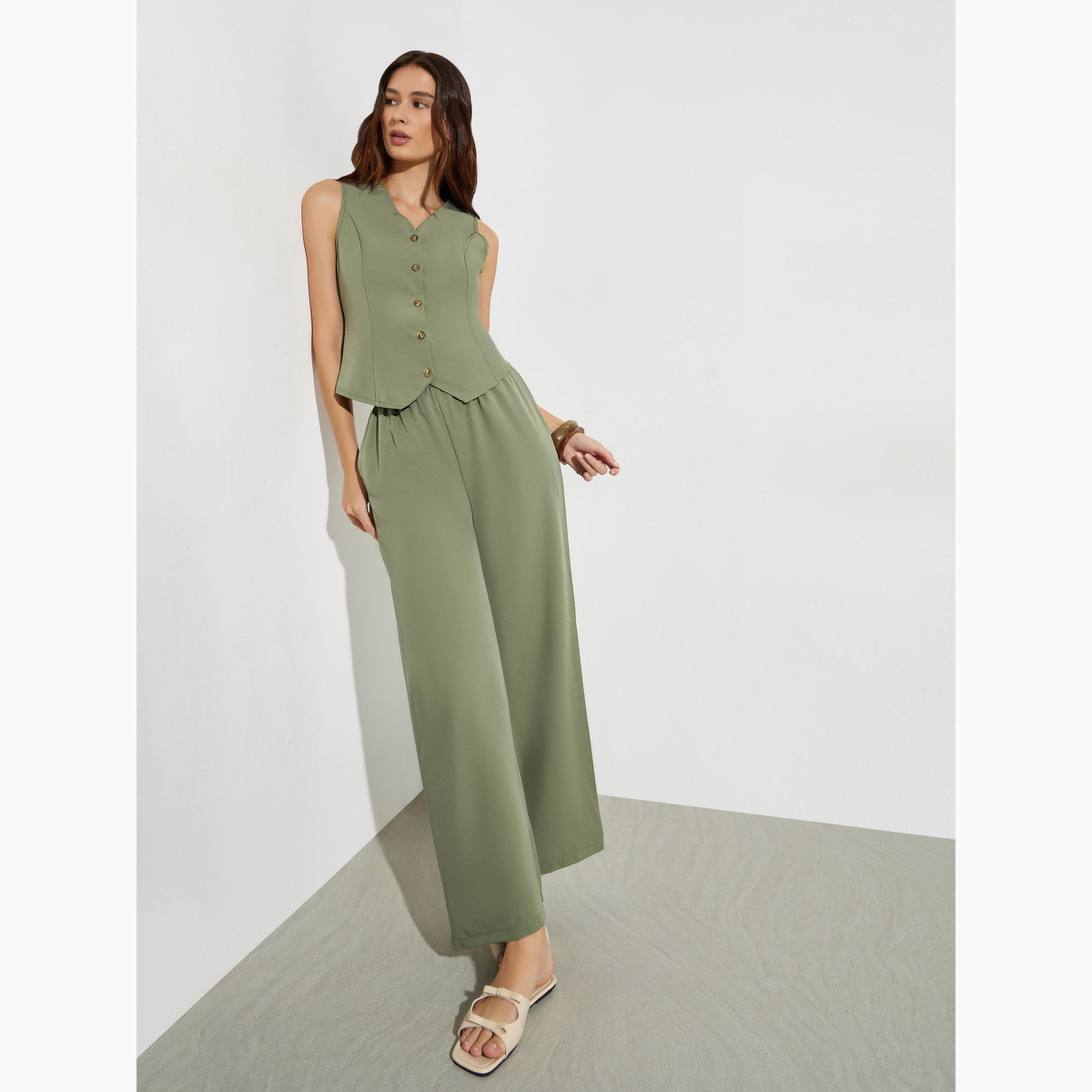 Styli Olive Sleeveless Waistcoat and Wide Leg Pants Co-Ords-women-clothing-coordsets-image-2