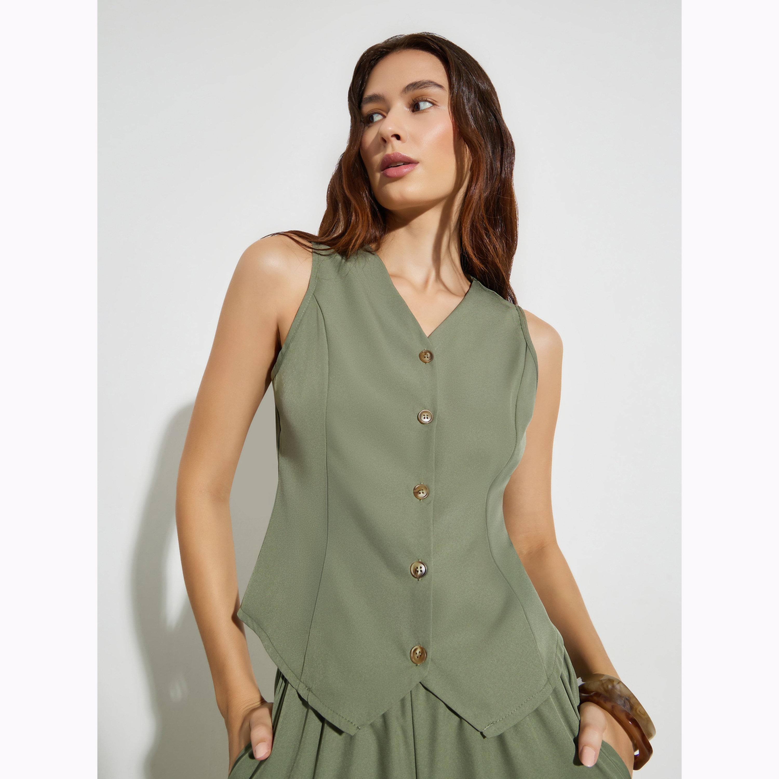 طقم منسق من بنطال بأرجل واسعة وفيست بدون أكمام-women-clothing-coordsets-image-3