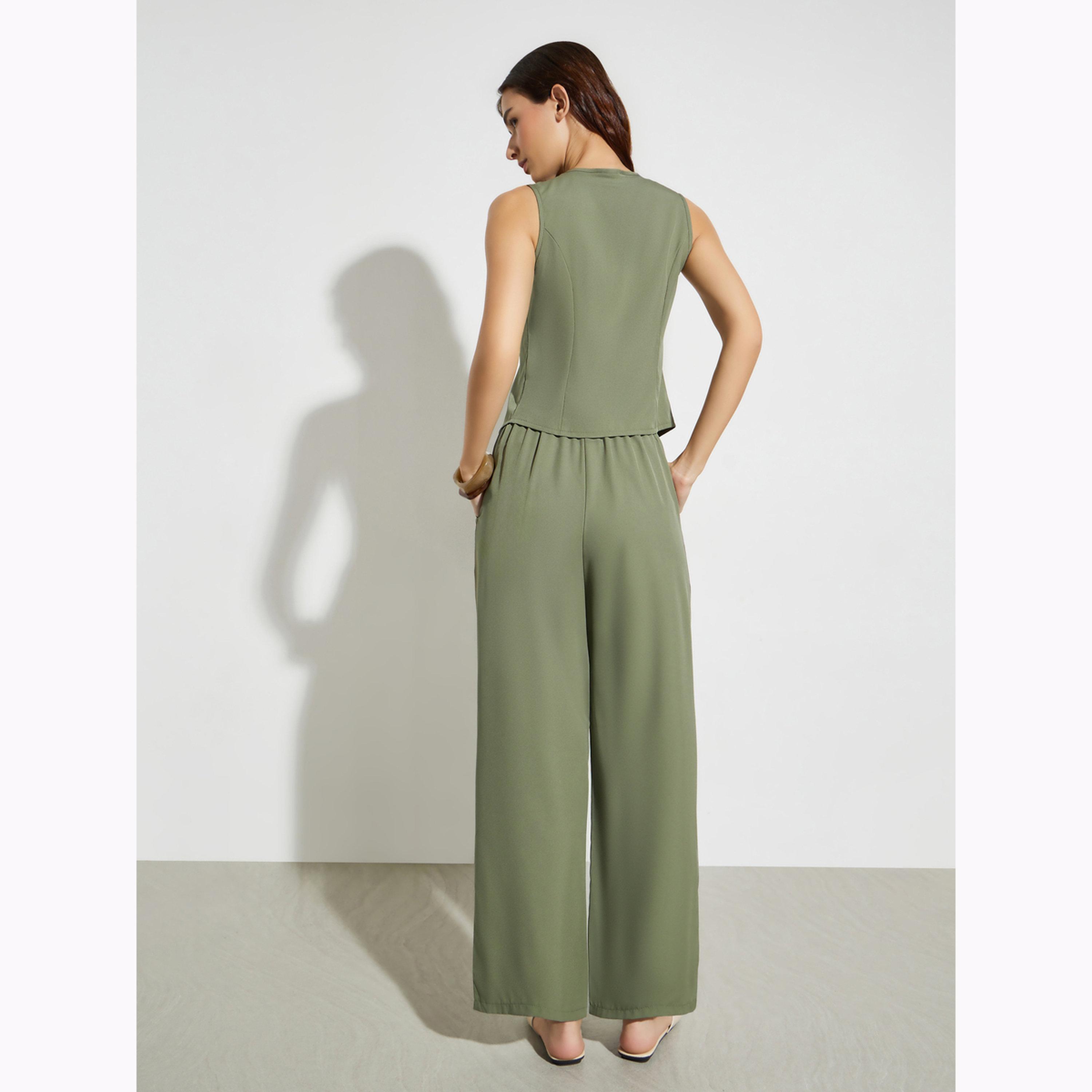 Styli Olive Sleeveless Waistcoat and Wide Leg Pants Co-Ords-women-clothing-coordsets-image-4