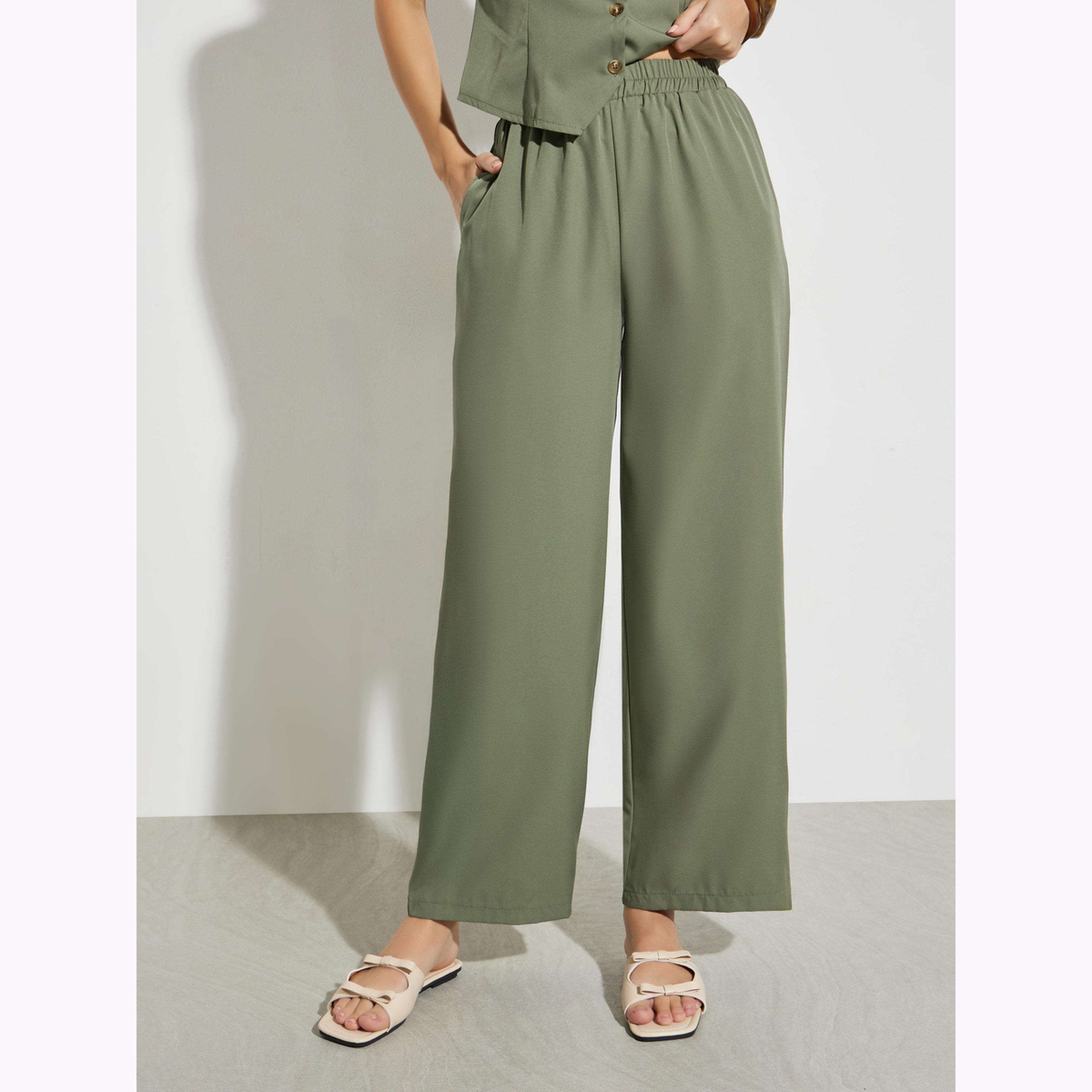 Styli Olive Sleeveless Waistcoat and Wide Leg Pants Co-Ords-women-clothing-coordsets-image-5