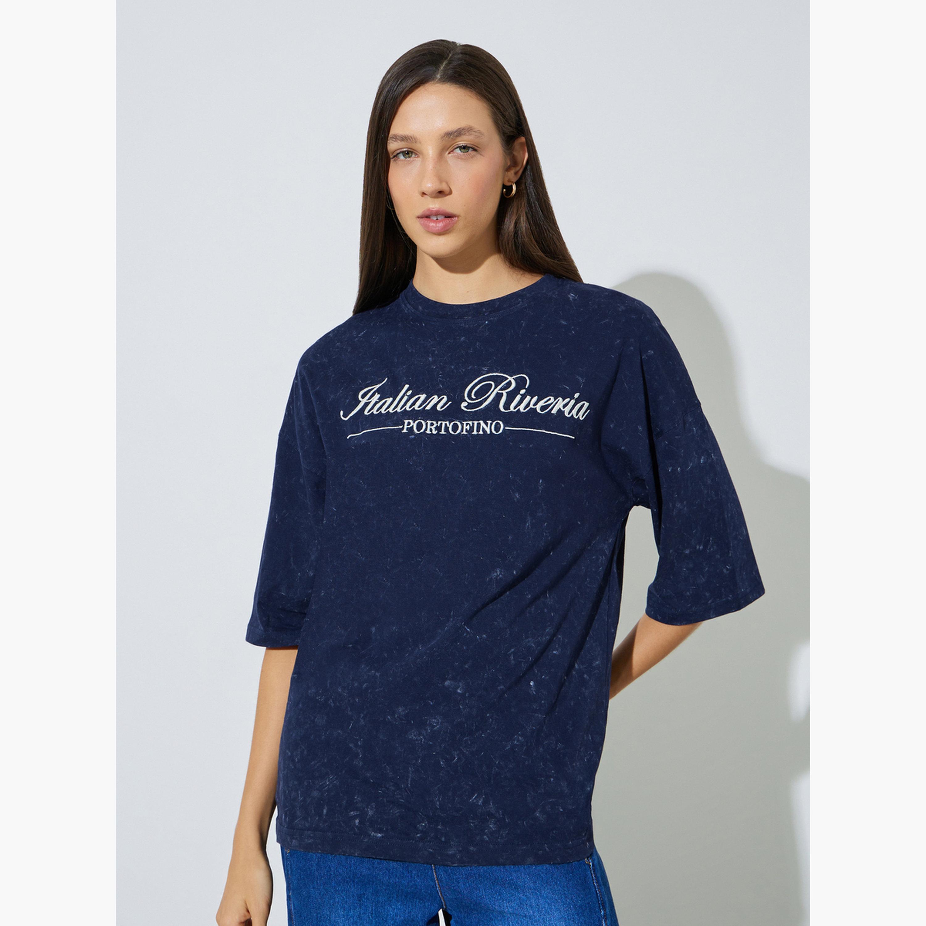 Styli Navy Blue Embroidered Washed Oversized T-Shirt-women-clothing-tshirts-image-1