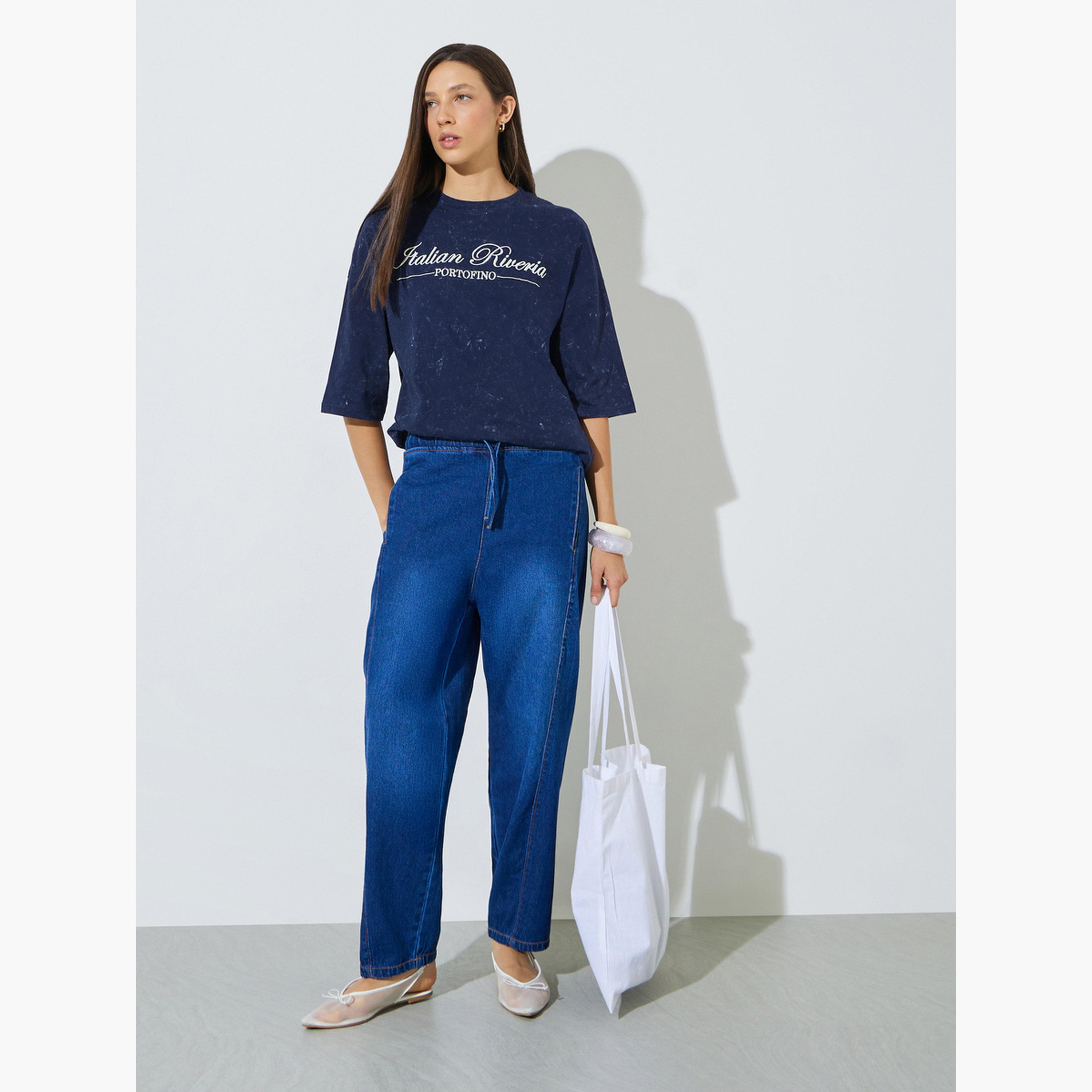 Styli Navy Blue Embroidered Washed Oversized T-Shirt-women-clothing-tshirts-image-2