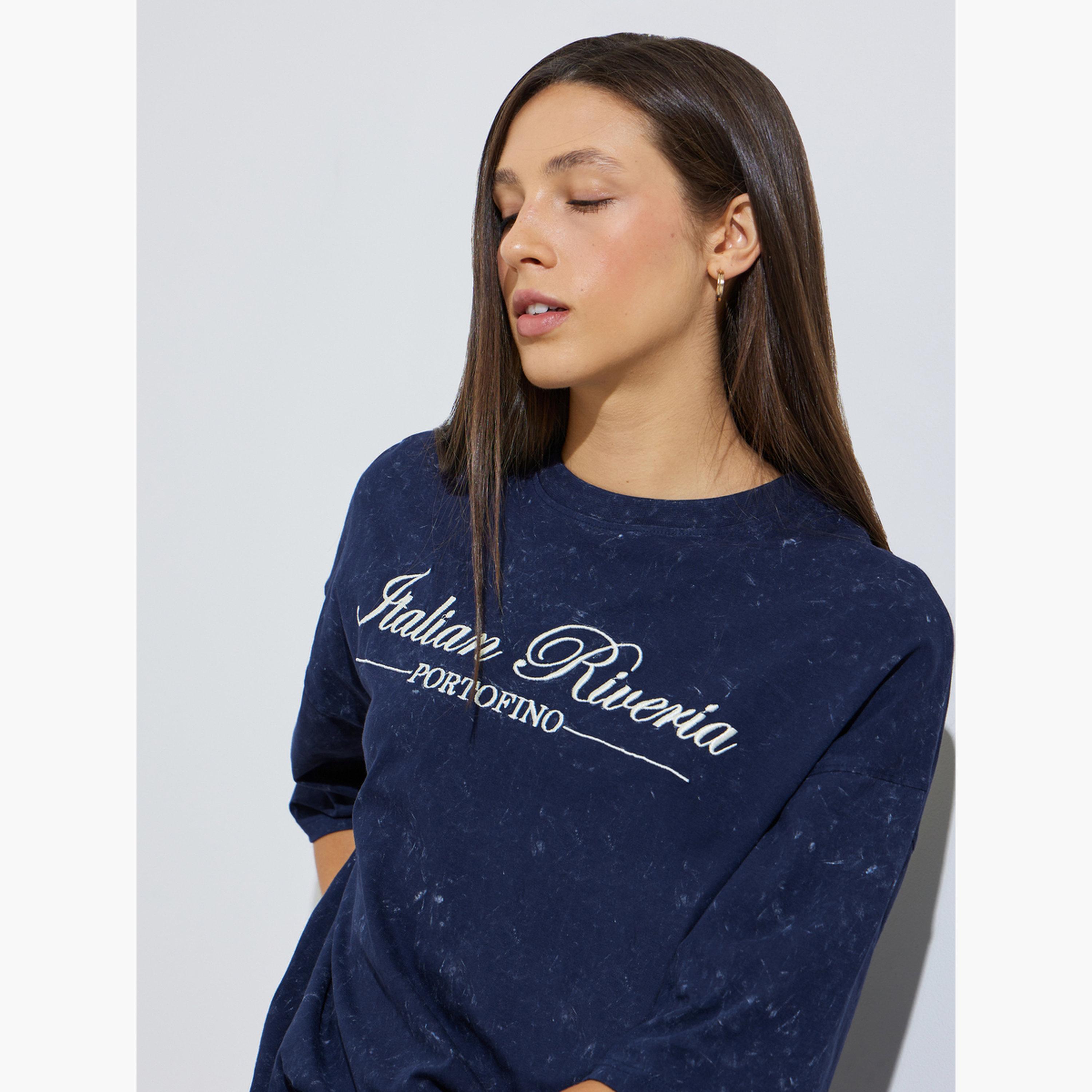 Styli Navy Blue Embroidered Washed Oversized T-Shirt-women-clothing-tshirts-image-3