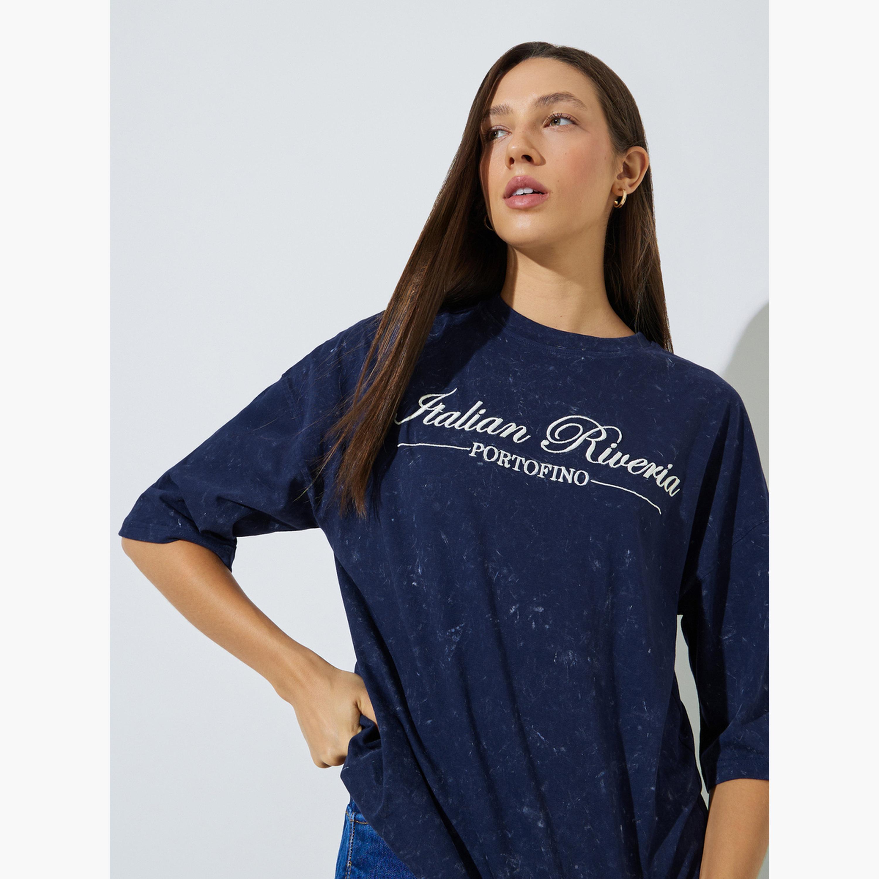 Styli Navy Blue Embroidered Washed Oversized T-Shirt-women-clothing-tshirts-image-4