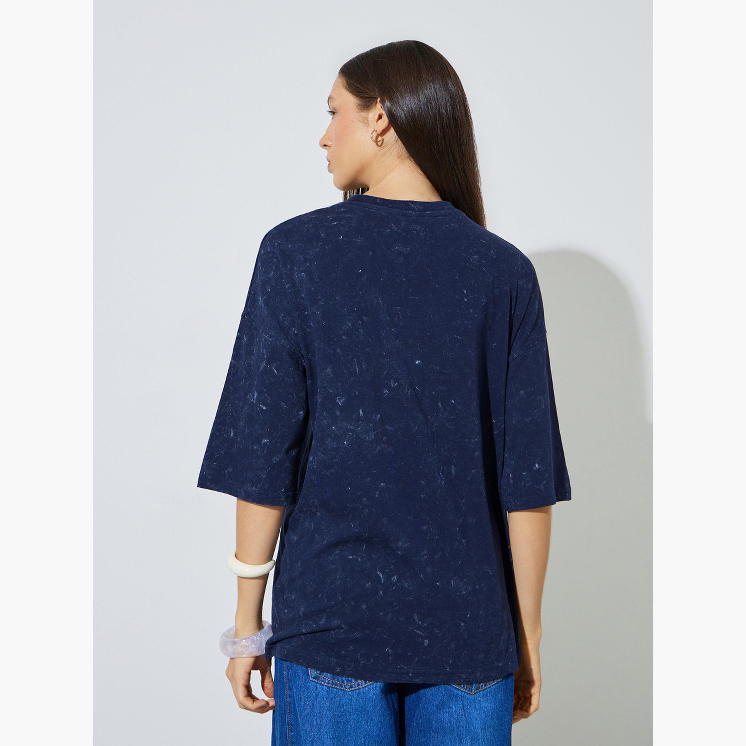 Styli Navy Blue Embroidered Washed Oversized T-Shirt-women-clothing-tshirts-image-5