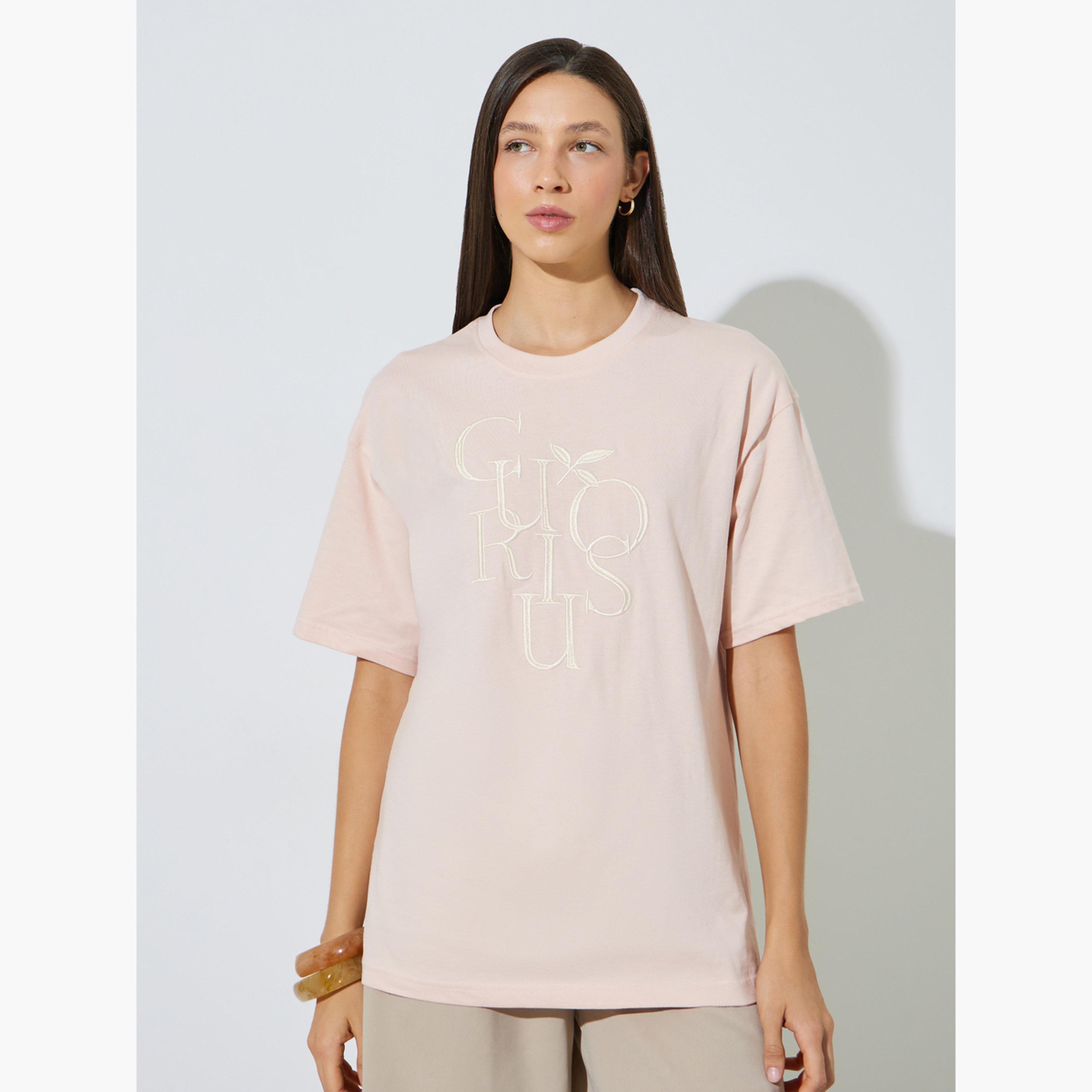 Styli Light Pink Oversized Embroidered Cotton T-Shirt-women-clothing-tshirts-image-1