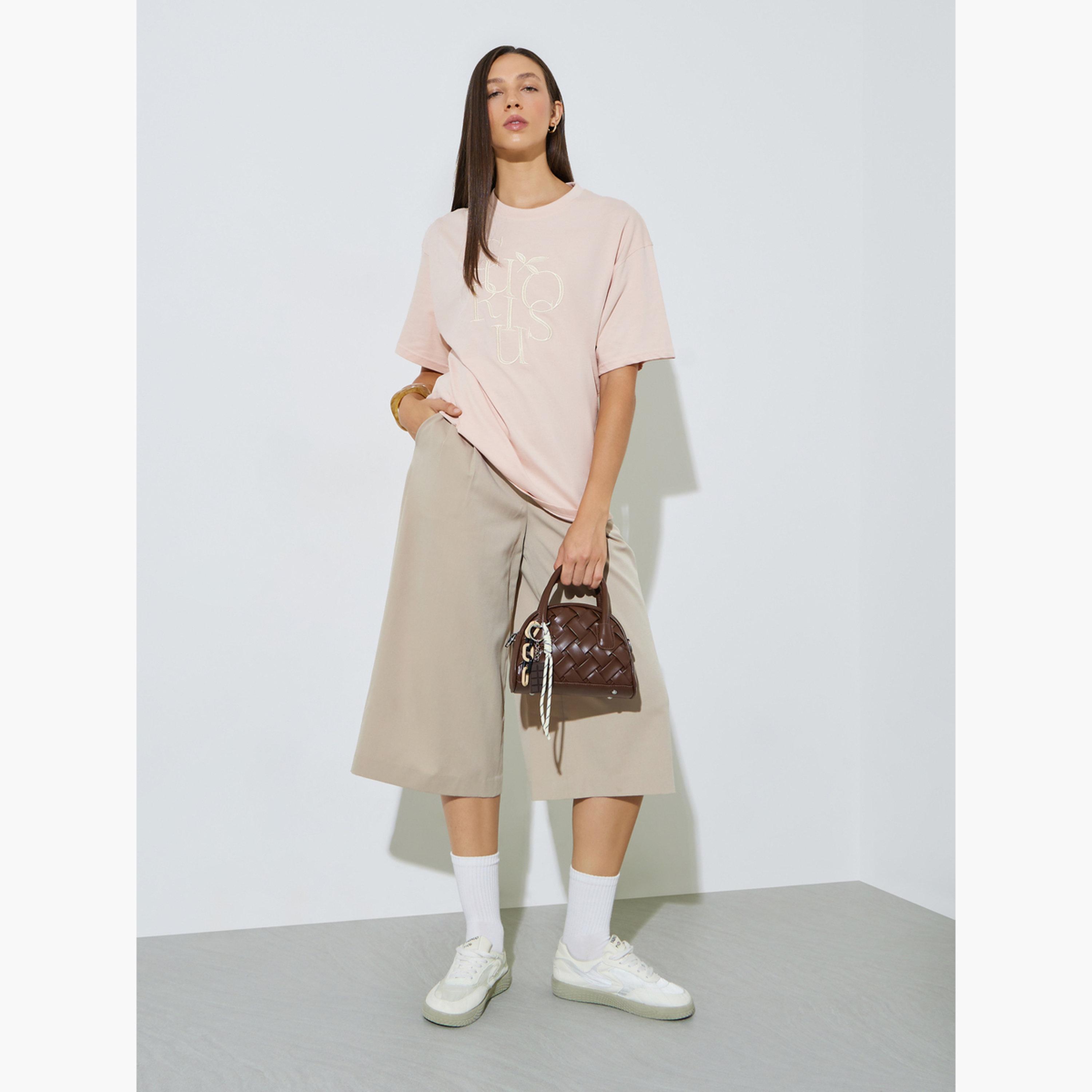 Styli Light Pink Oversized Embroidered Cotton T-Shirt-women-clothing-tshirts-image-2