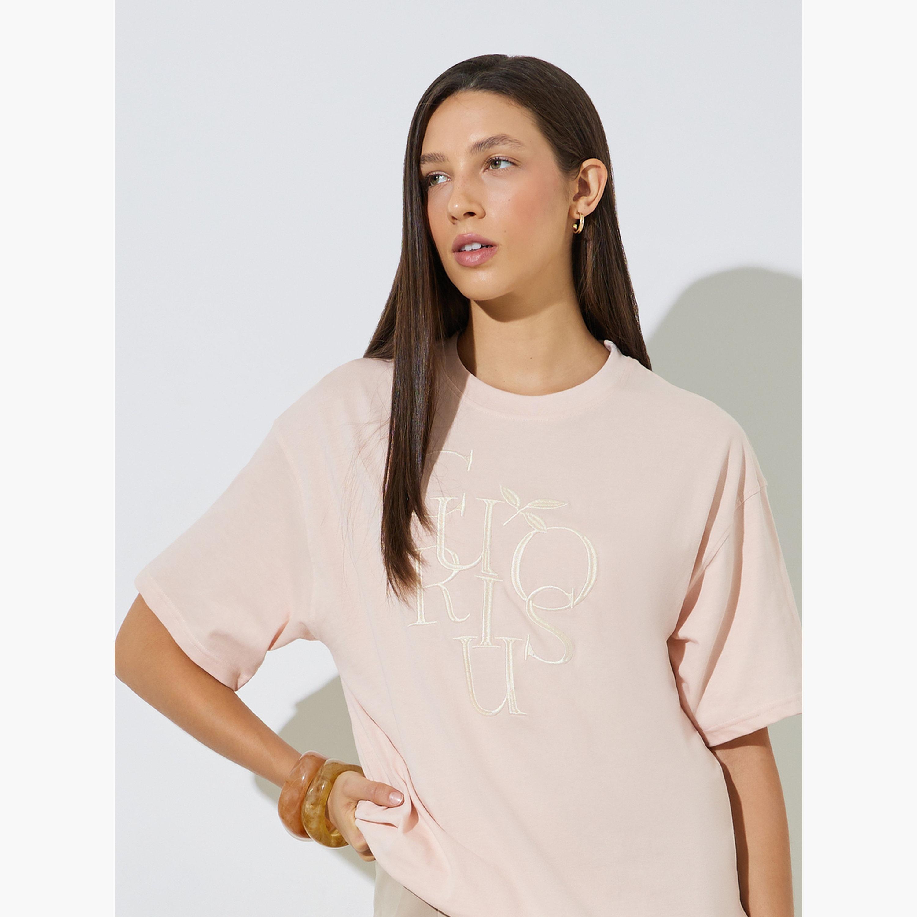 Styli Light Pink Oversized Embroidered Cotton T-Shirt-women-clothing-tshirts-image-3
