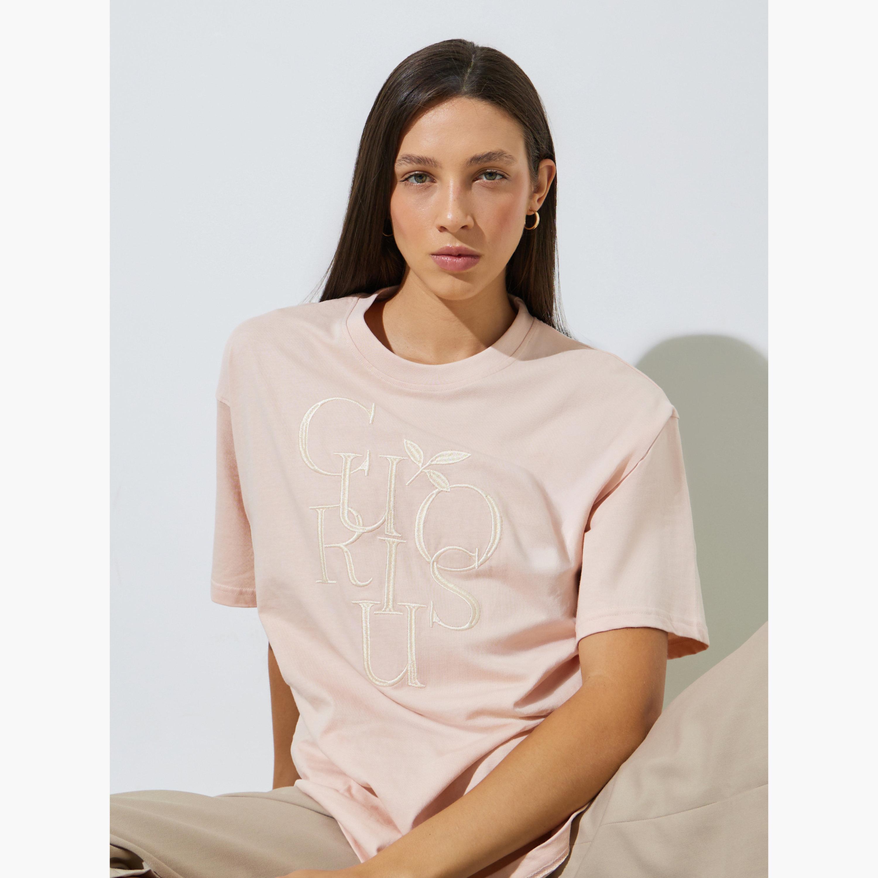 Styli Light Pink Oversized Embroidered Cotton T-Shirt-women-clothing-tshirts-image-5