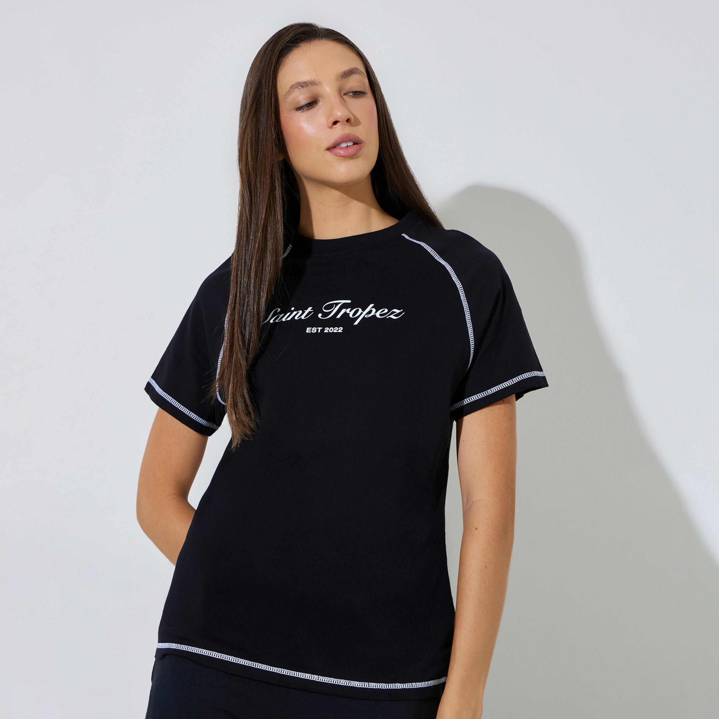 Styli Black Graphic Print Contrast Stitching T- Shirt-women-clothing-tshirts-image-1