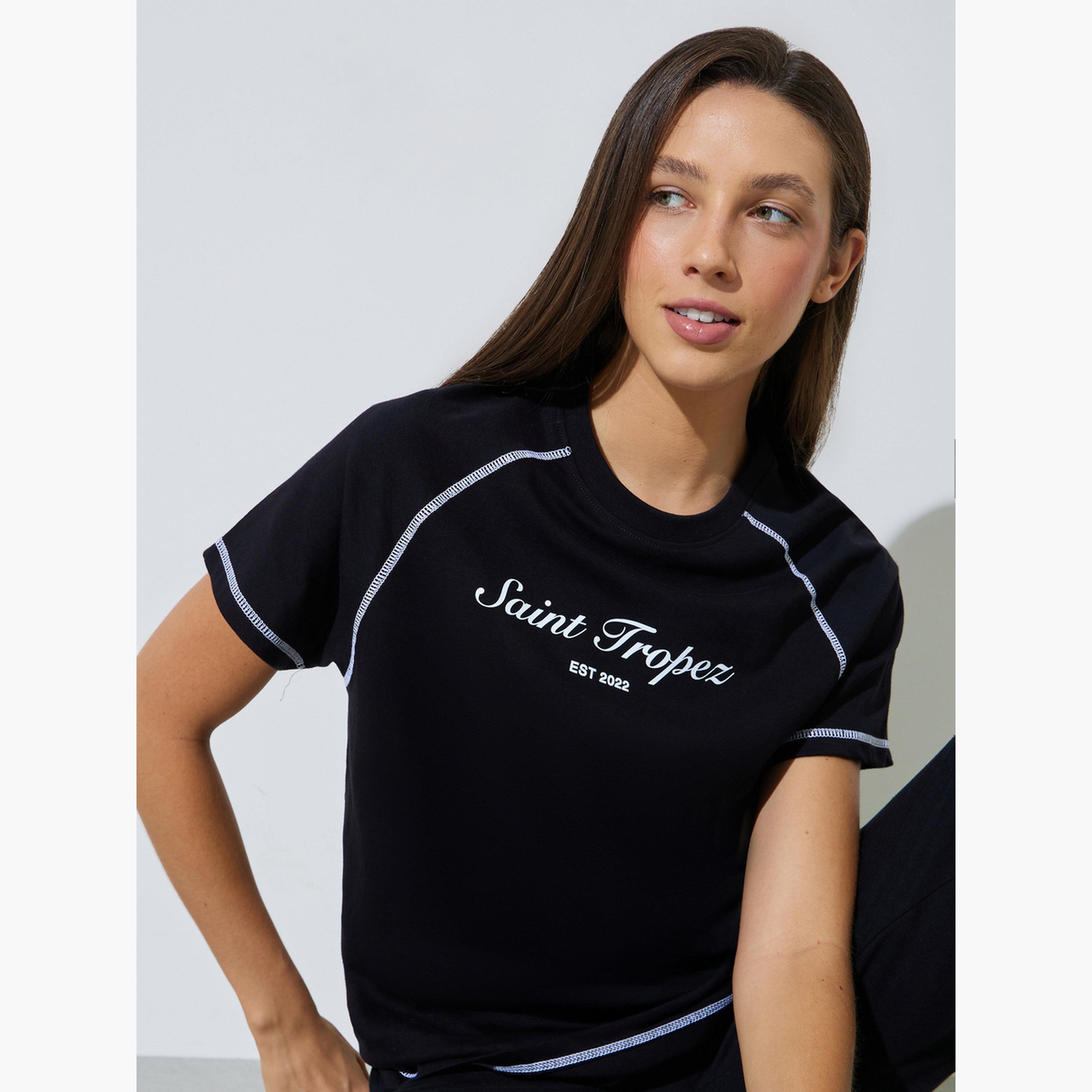 Styli Black Graphic Print Contrast Stitching T- Shirt-women-clothing-tshirts-image-3