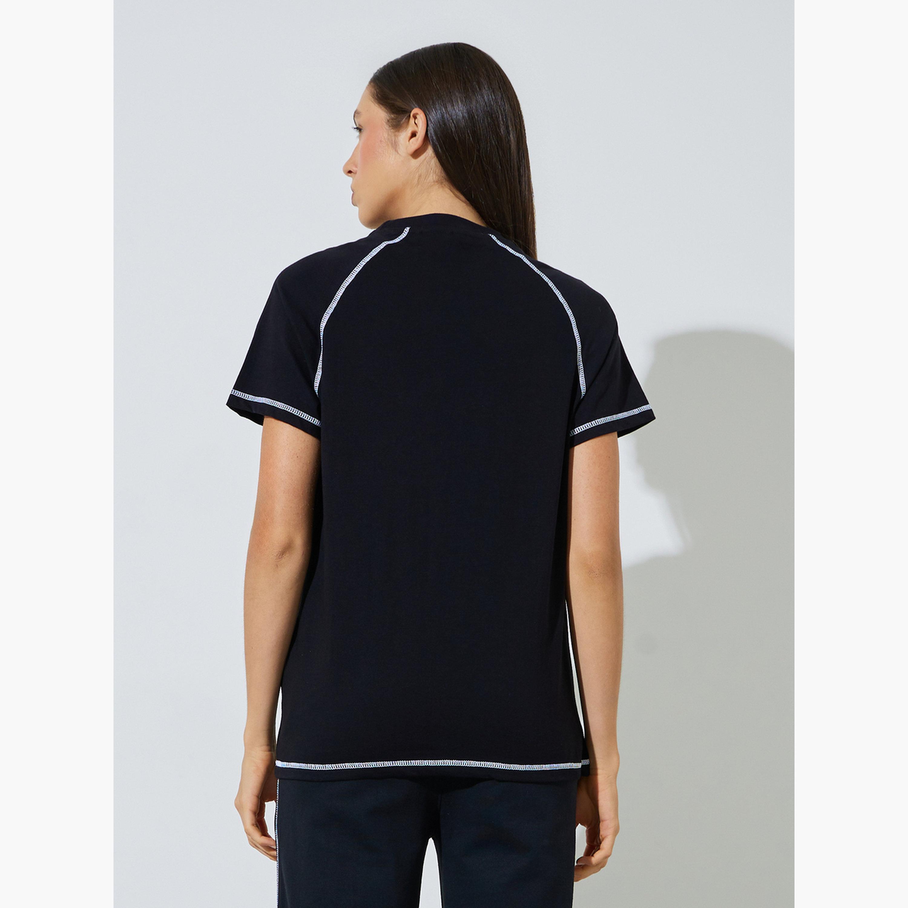 Styli Black Graphic Print Contrast Stitching T- Shirt-women-clothing-tshirts-image-4