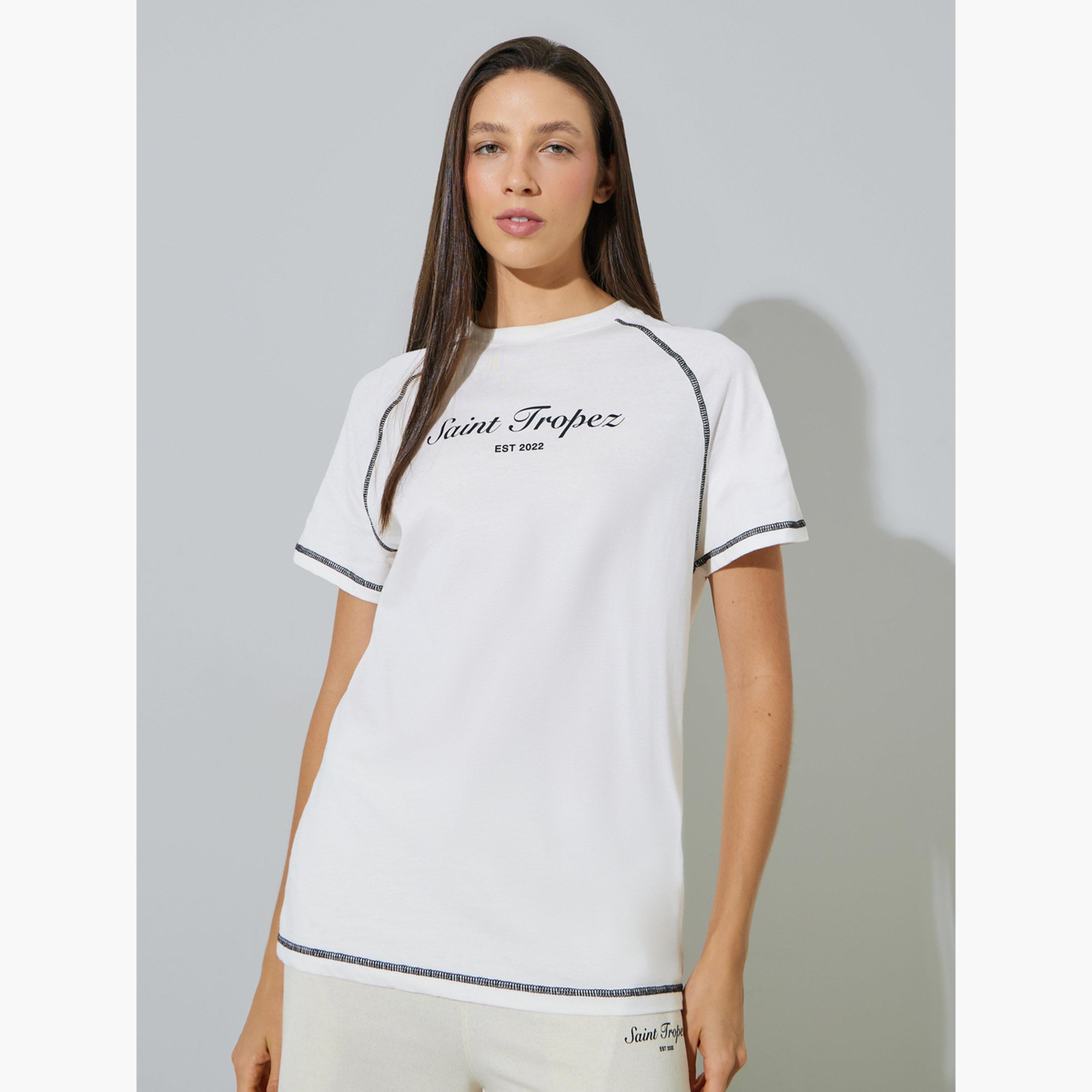 Styli White Graphic Print Contrast Stitching T- Shirt-women-clothing-tshirts-image-1