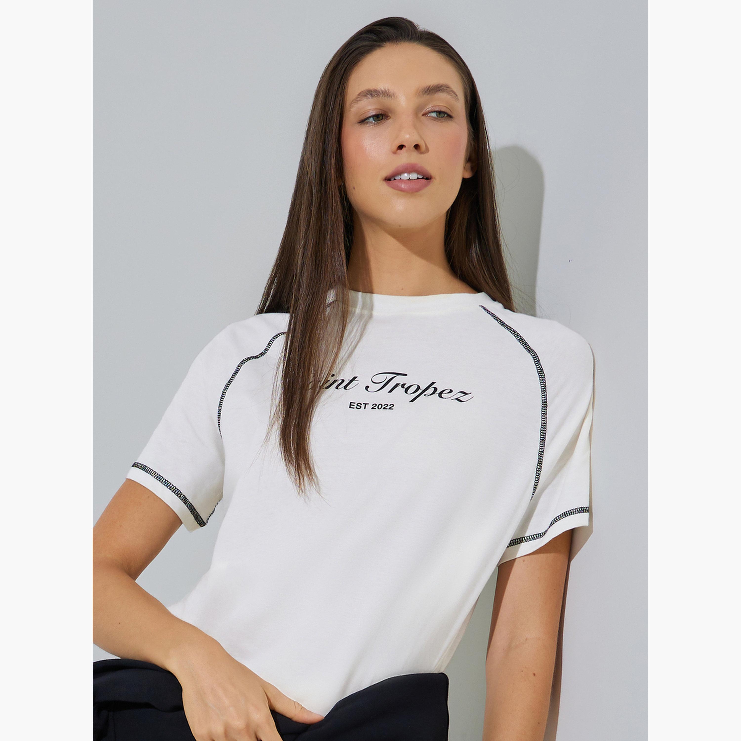 Styli White Graphic Print Contrast Stitching T- Shirt-women-clothing-tshirts-image-3