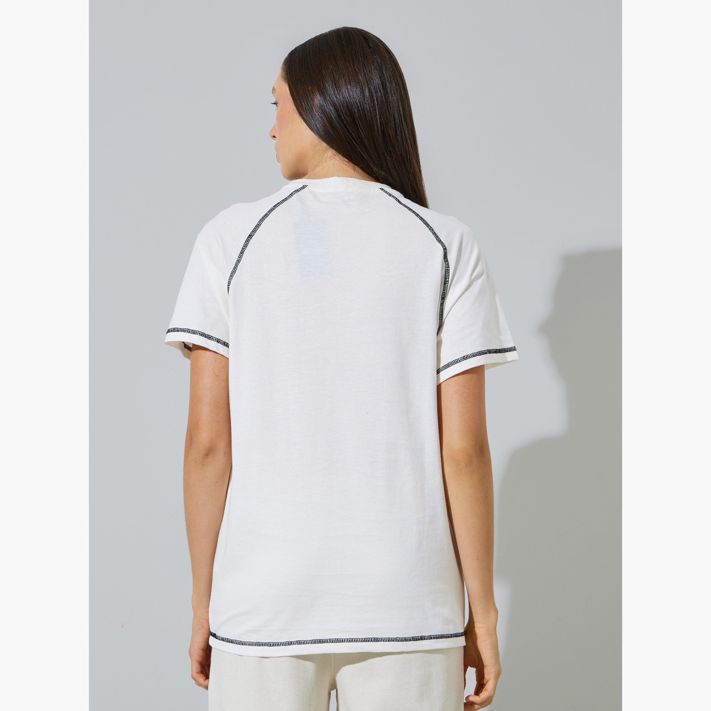 Styli White Graphic Print Contrast Stitching T- Shirt-women-clothing-tshirts-image-4