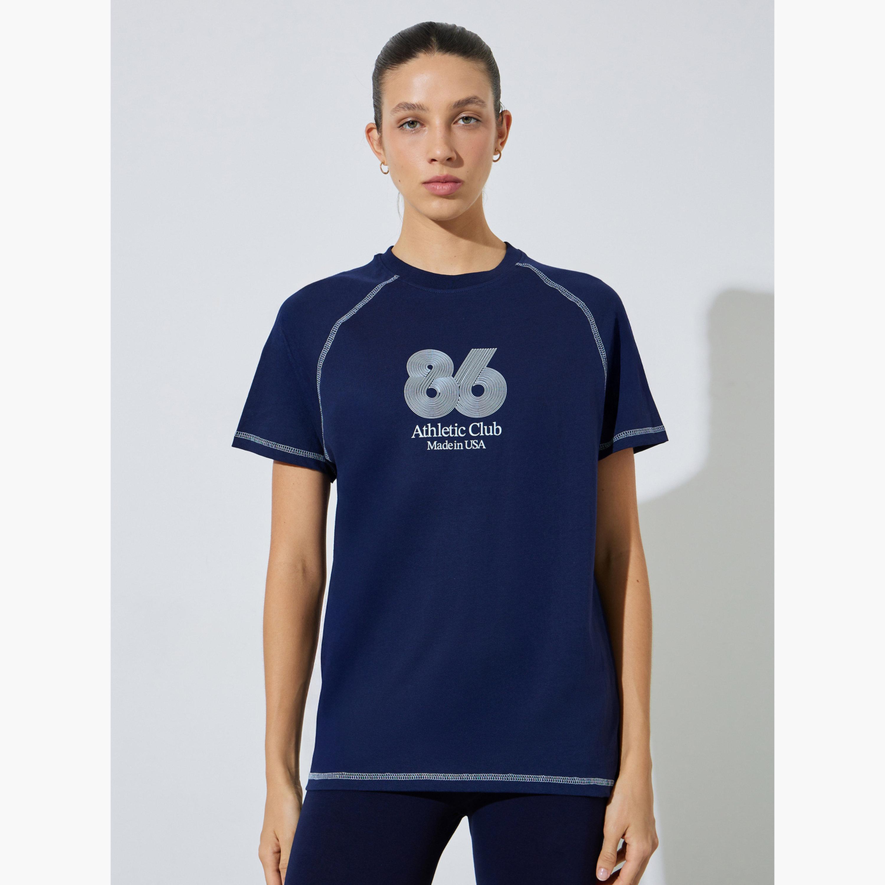 Styli Navy Blue Graphic Print Contrast Stitch T-Shirt-women-clothing-tshirts-image-1
