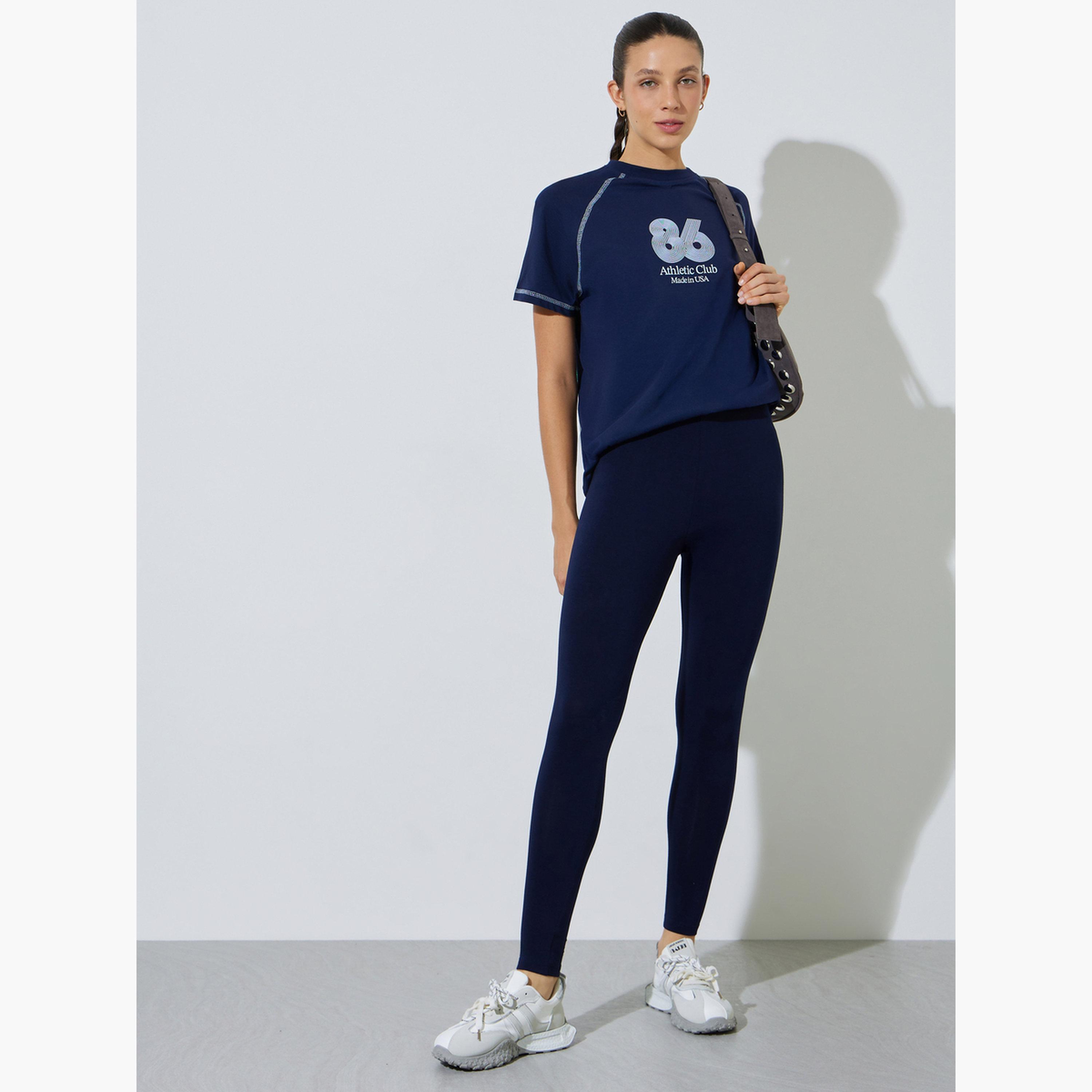 Styli Navy Blue Graphic Print Contrast Stitch T-Shirt-women-clothing-tshirts-image-2