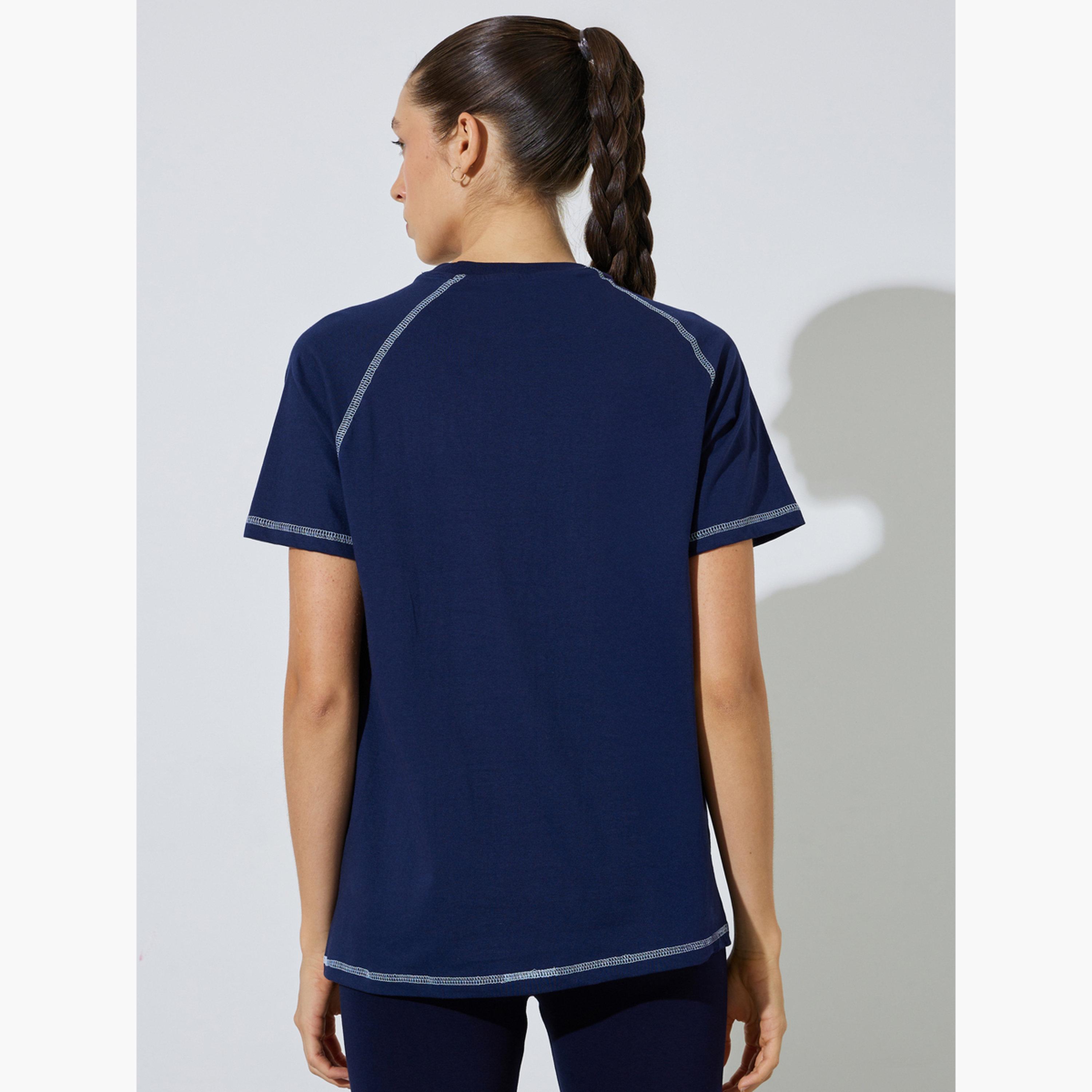 Styli Navy Blue Graphic Print Contrast Stitch T-Shirt-women-clothing-tshirts-image-4