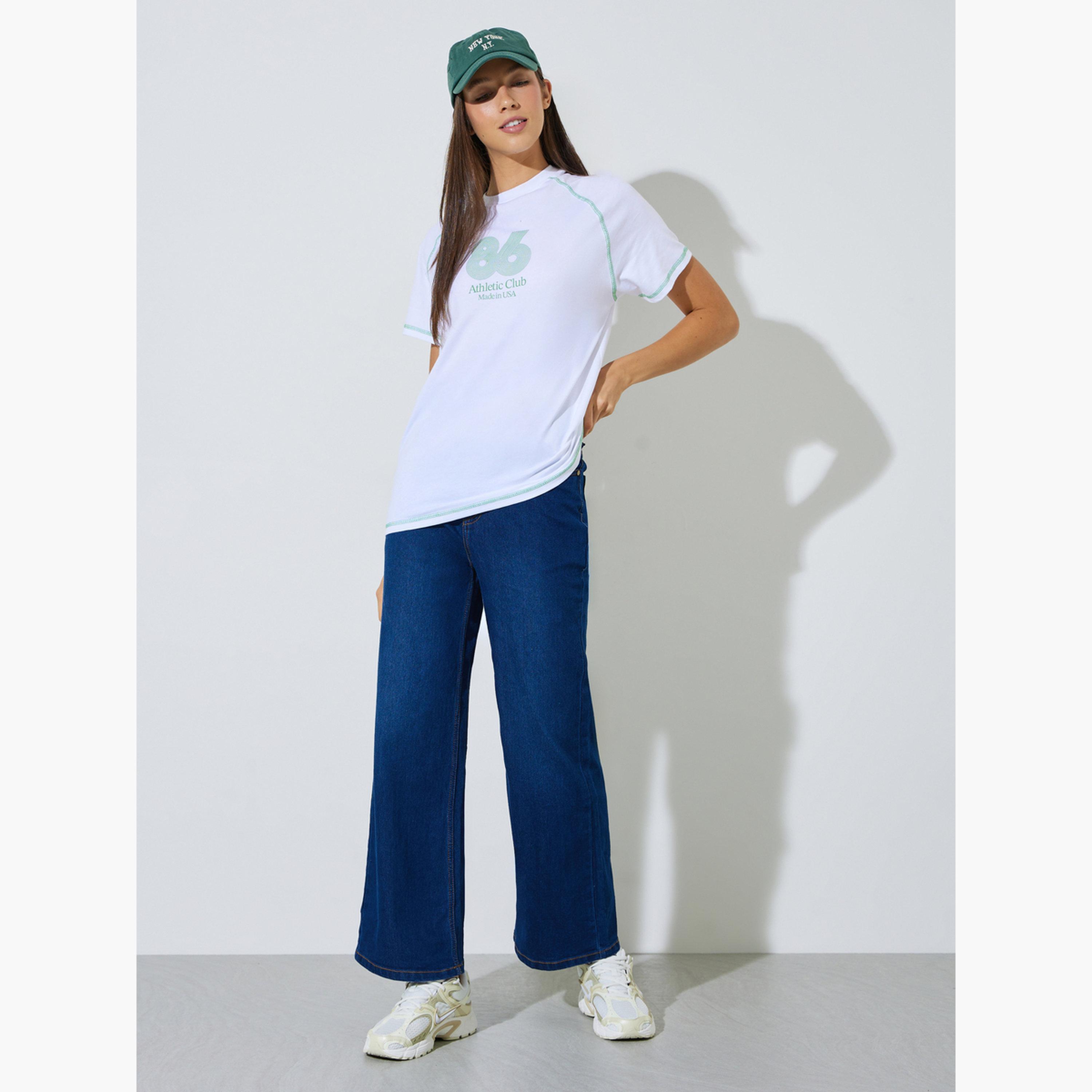 Styli White Graphic Print Contrast Stitch T-Shirt-women-clothing-tshirts-image-2