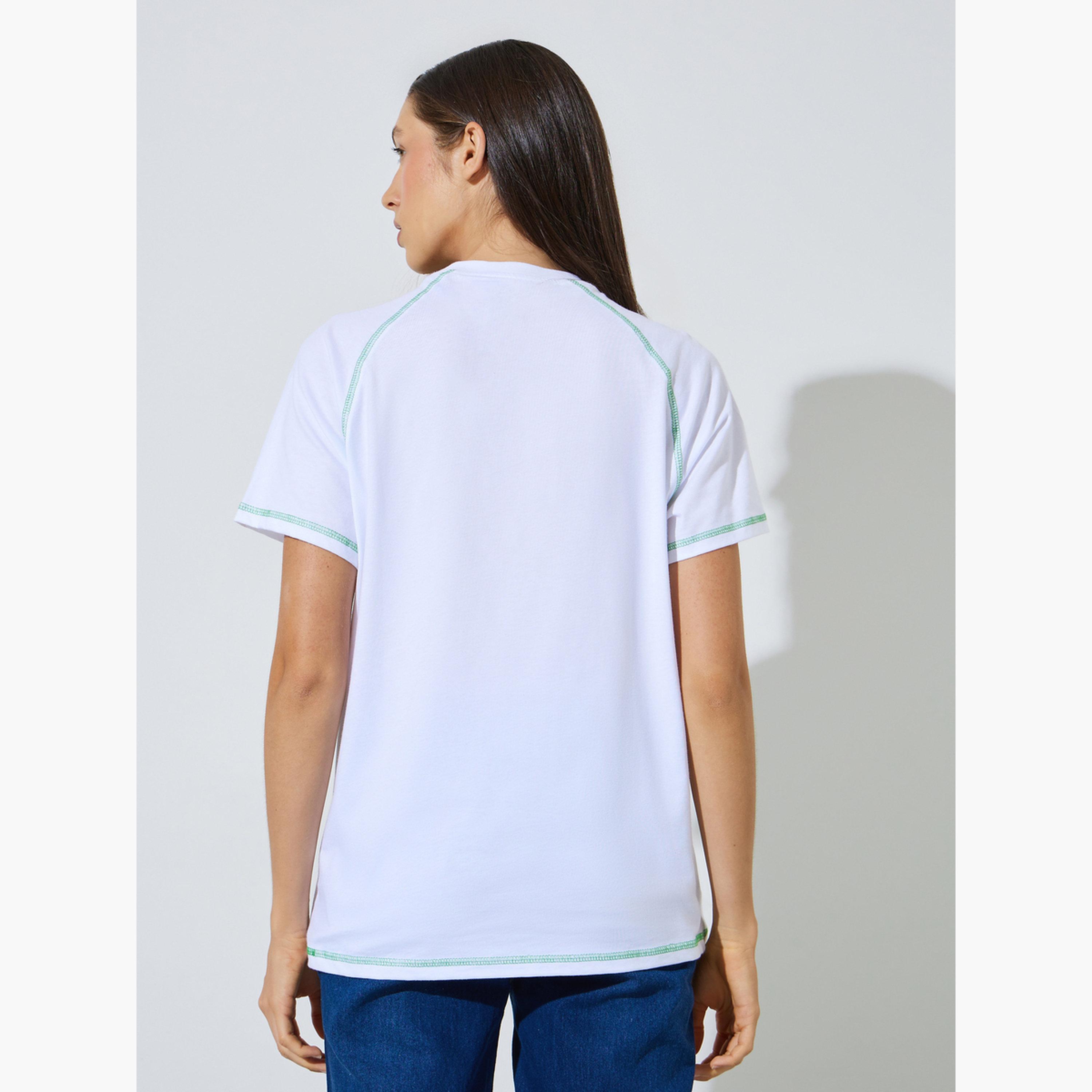 Styli White Graphic Print Contrast Stitch T-Shirt-women-clothing-tshirts-image-4