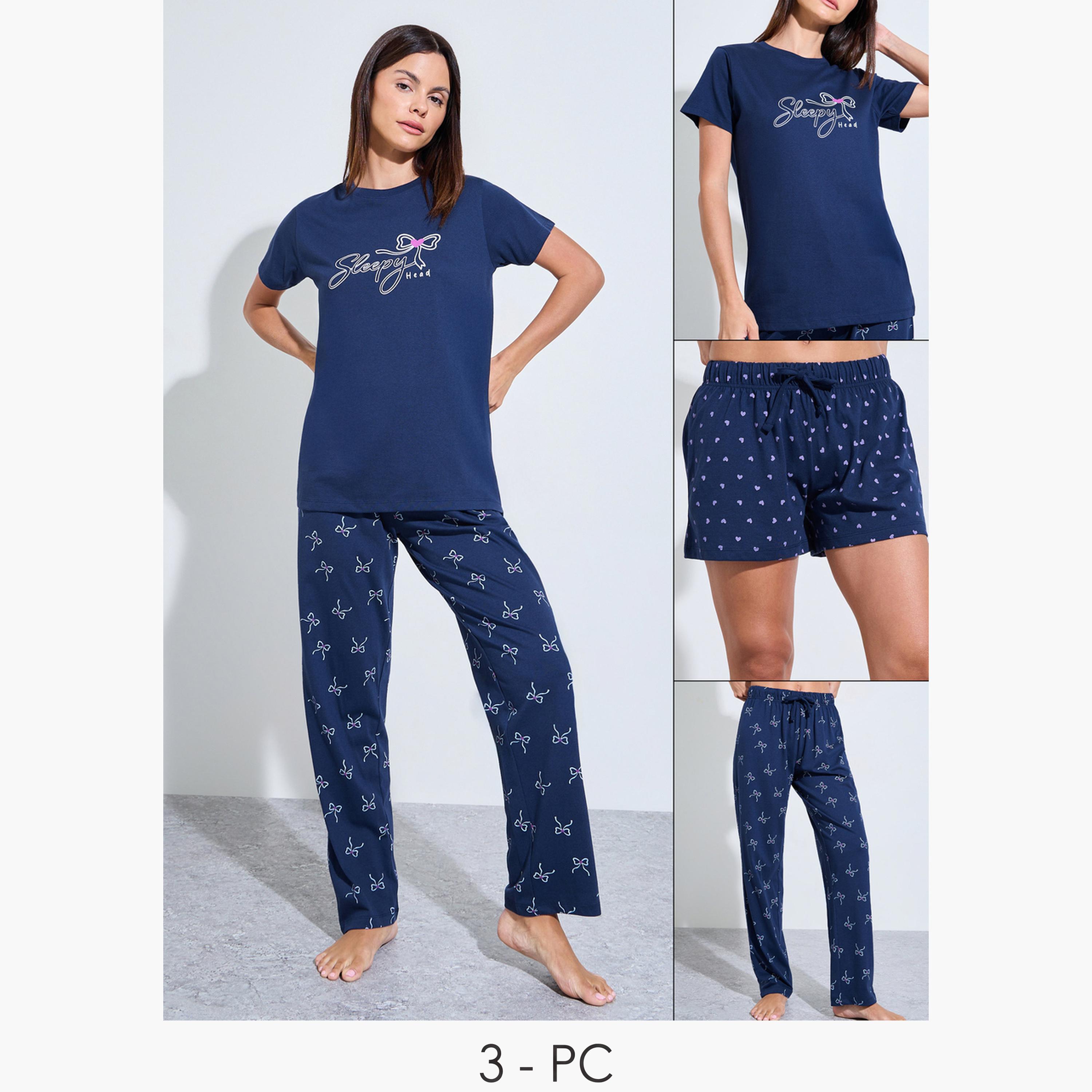 طقم بيجاما من شورت وبنطال وتيشيرت بطبعة جرافيك عبوة من 3 قطع-women-clothing-nightwear-pyjamas-longsets-image-1