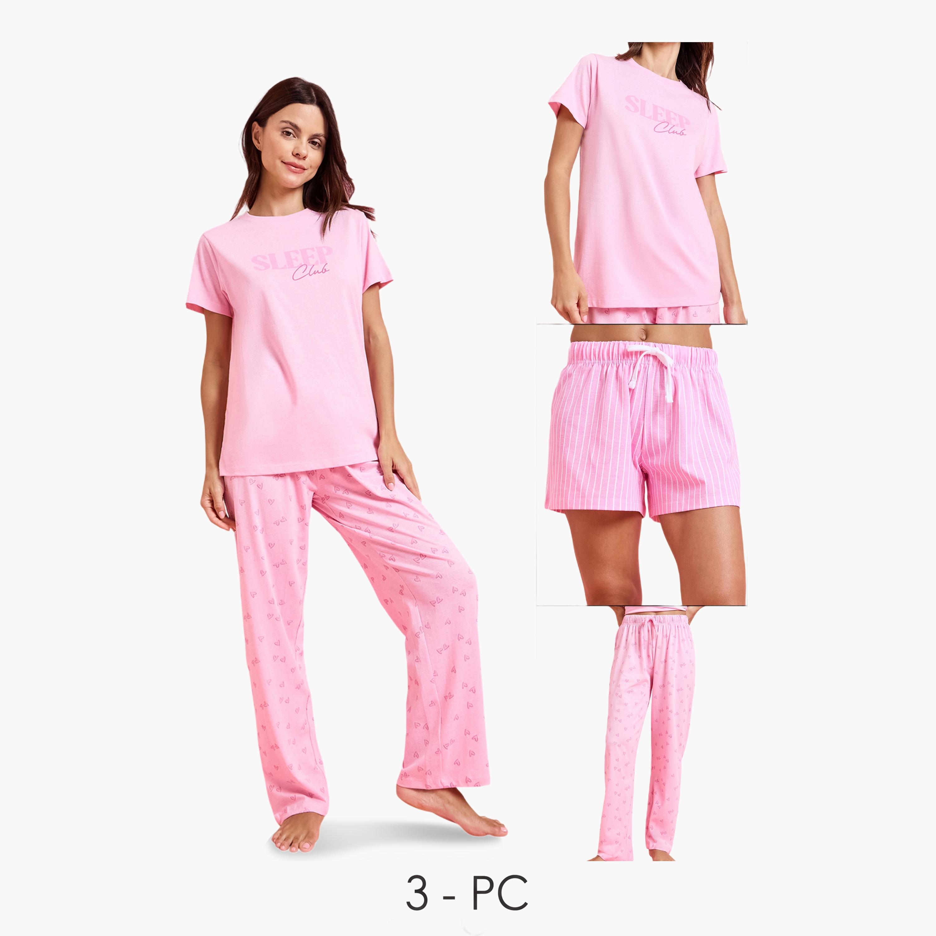 Styli Pack of 3 - Pink Graphic Print T-Shirt, Shorts and Pyjama Set-women-clothing-nightwear-pyjamas-longsets-image-1
