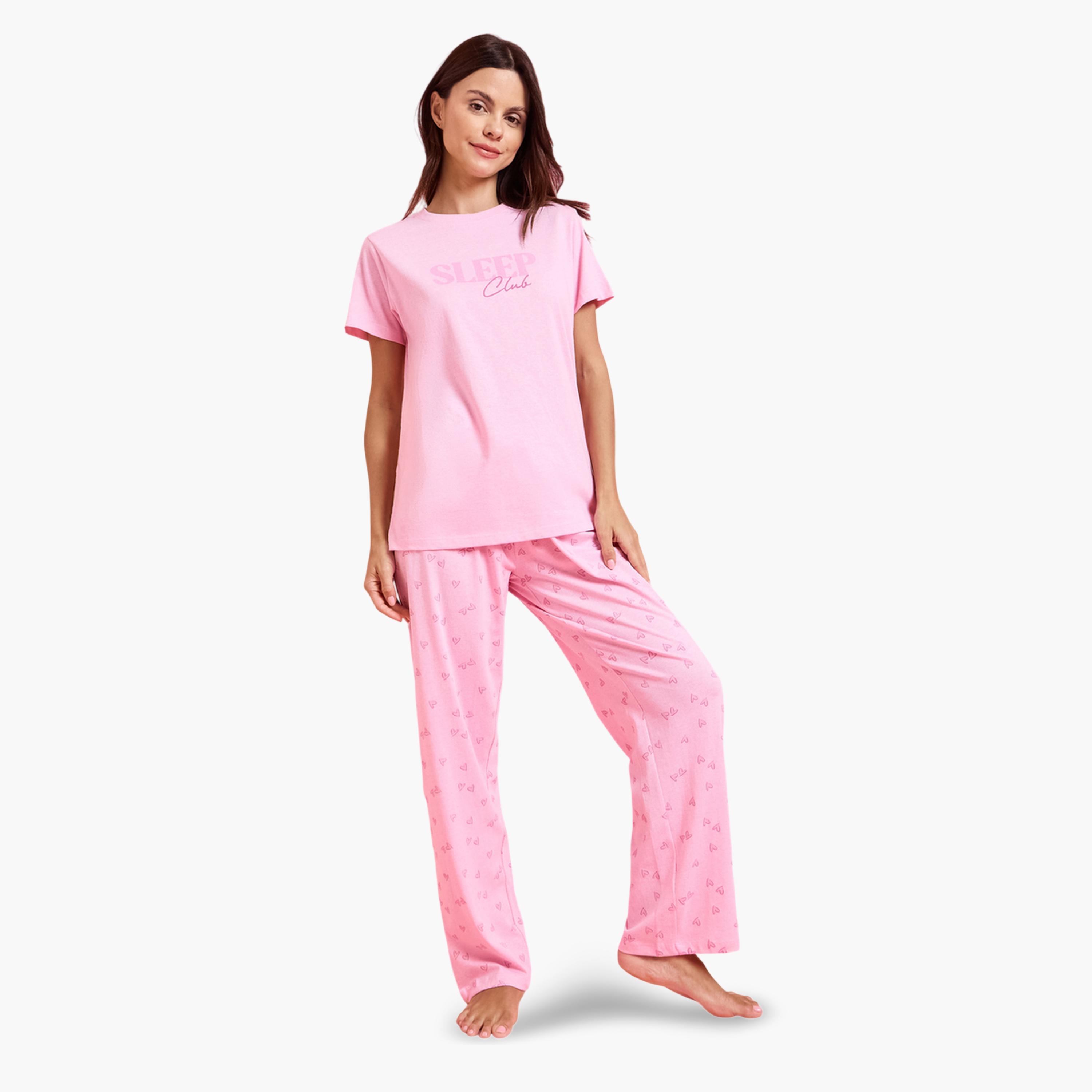 Styli Pack of 3 - Pink Graphic Print T-Shirt, Shorts and Pyjama Set-women-clothing-nightwear-pyjamas-longsets-image-3