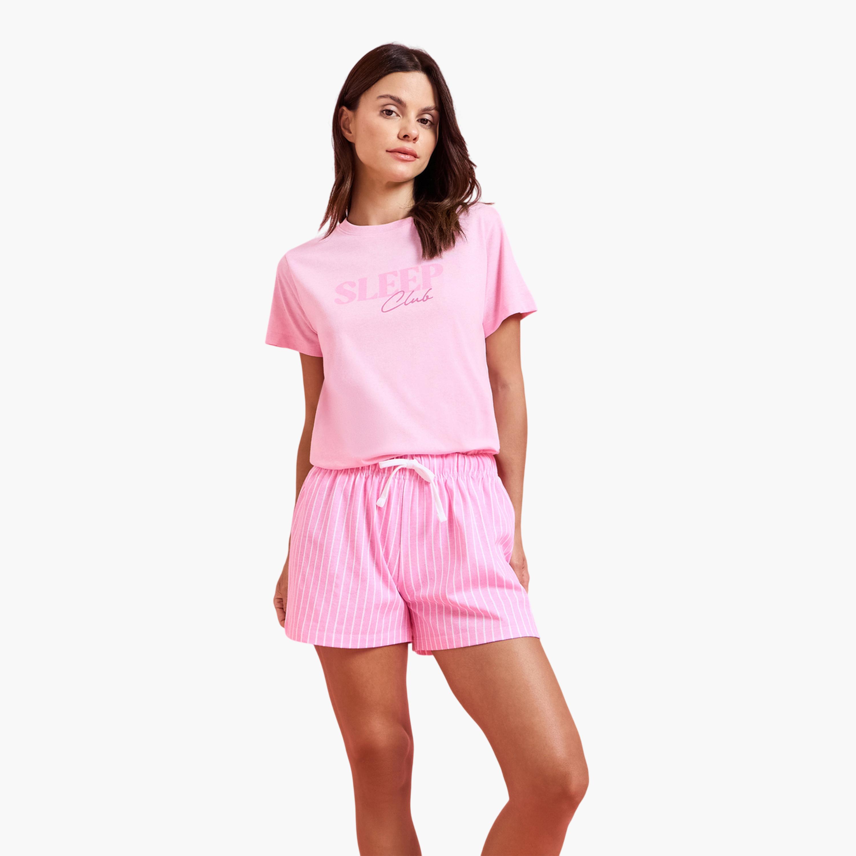 Styli Pack of 3 - Pink Graphic Print T-Shirt, Shorts and Pyjama Set-women-clothing-nightwear-pyjamas-longsets-image-4