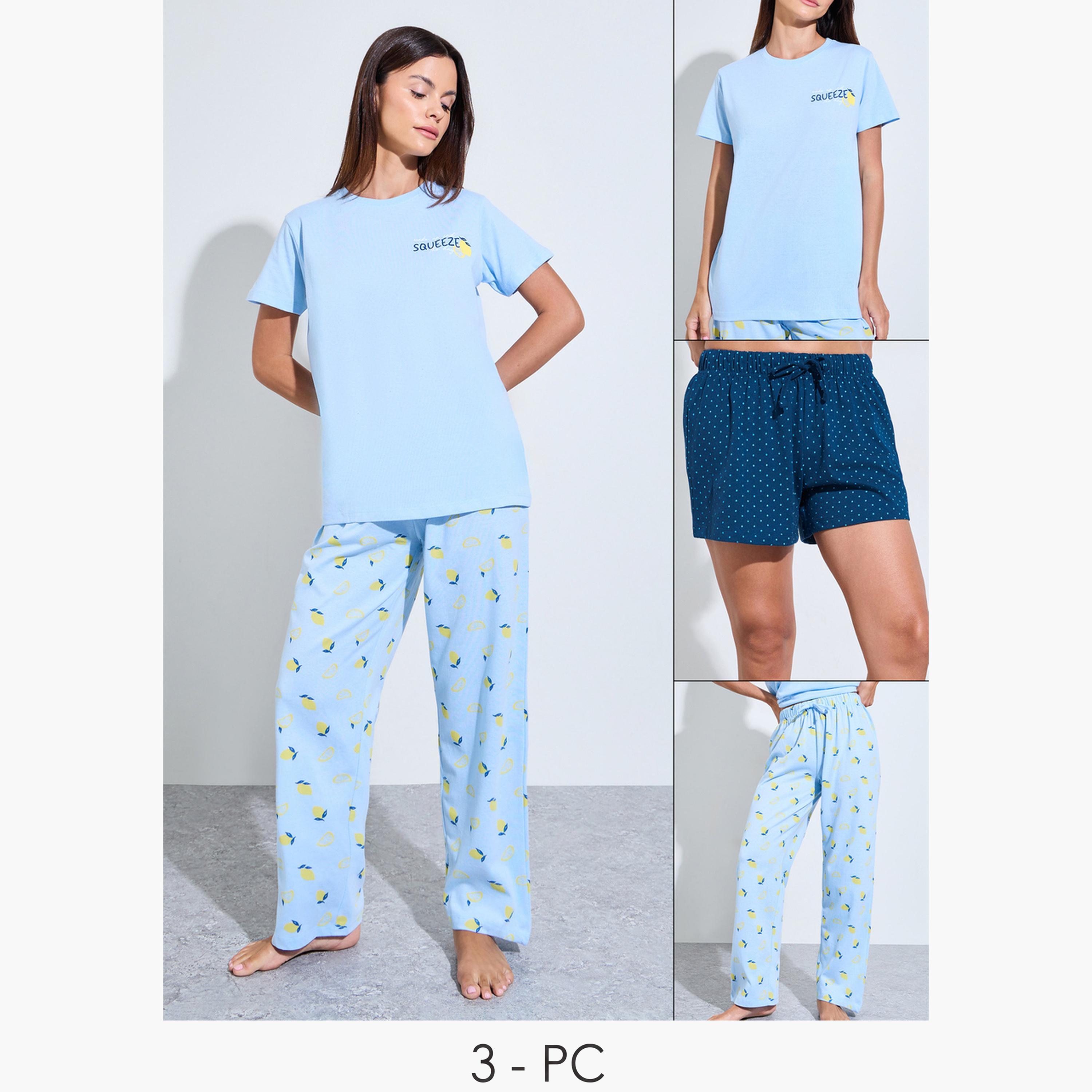 Styli Pack of 3 - Blue Graphic Print T-Shirt, Shorts and Pyjama Set-women-clothing-nightwear-pyjamas-longsets-image-1