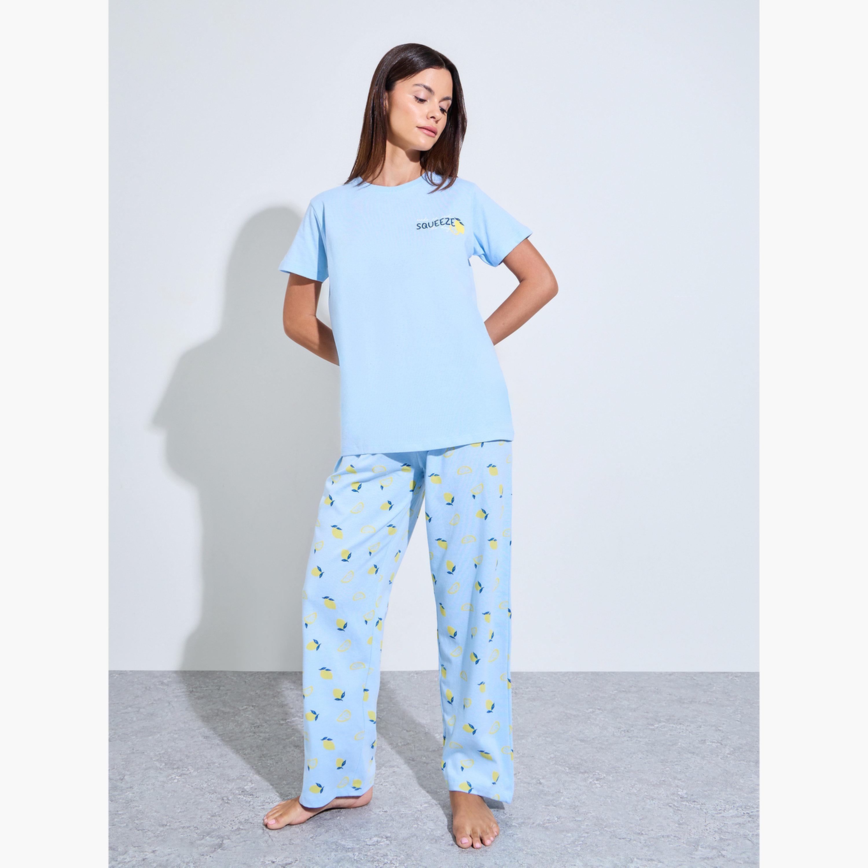 Styli Pack of 3 - Blue Graphic Print T-Shirt, Shorts and Pyjama Set-women-clothing-nightwear-pyjamas-longsets-image-2