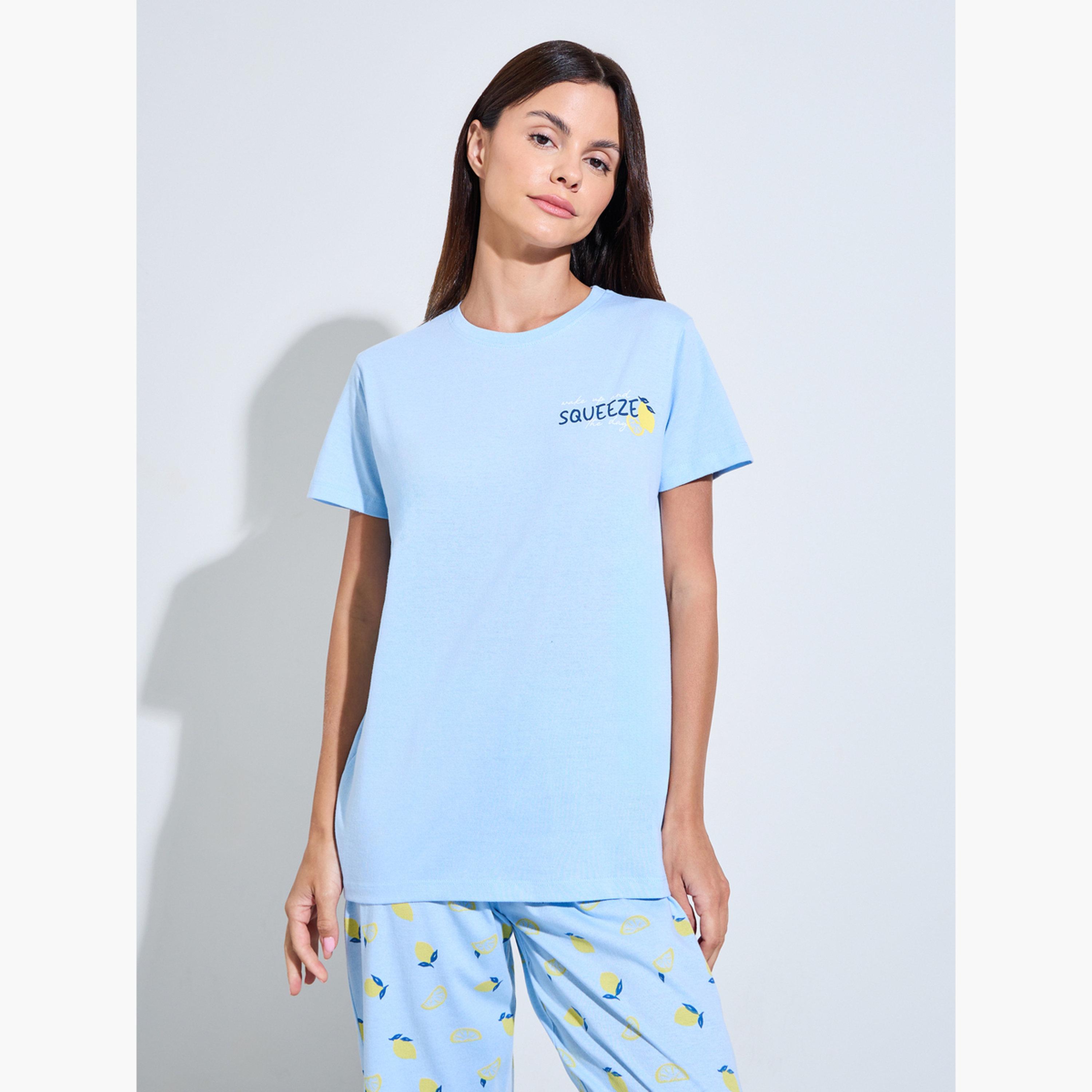 Styli Pack of 3 - Blue Graphic Print T-Shirt, Shorts and Pyjama Set-women-clothing-nightwear-pyjamas-longsets-image-3