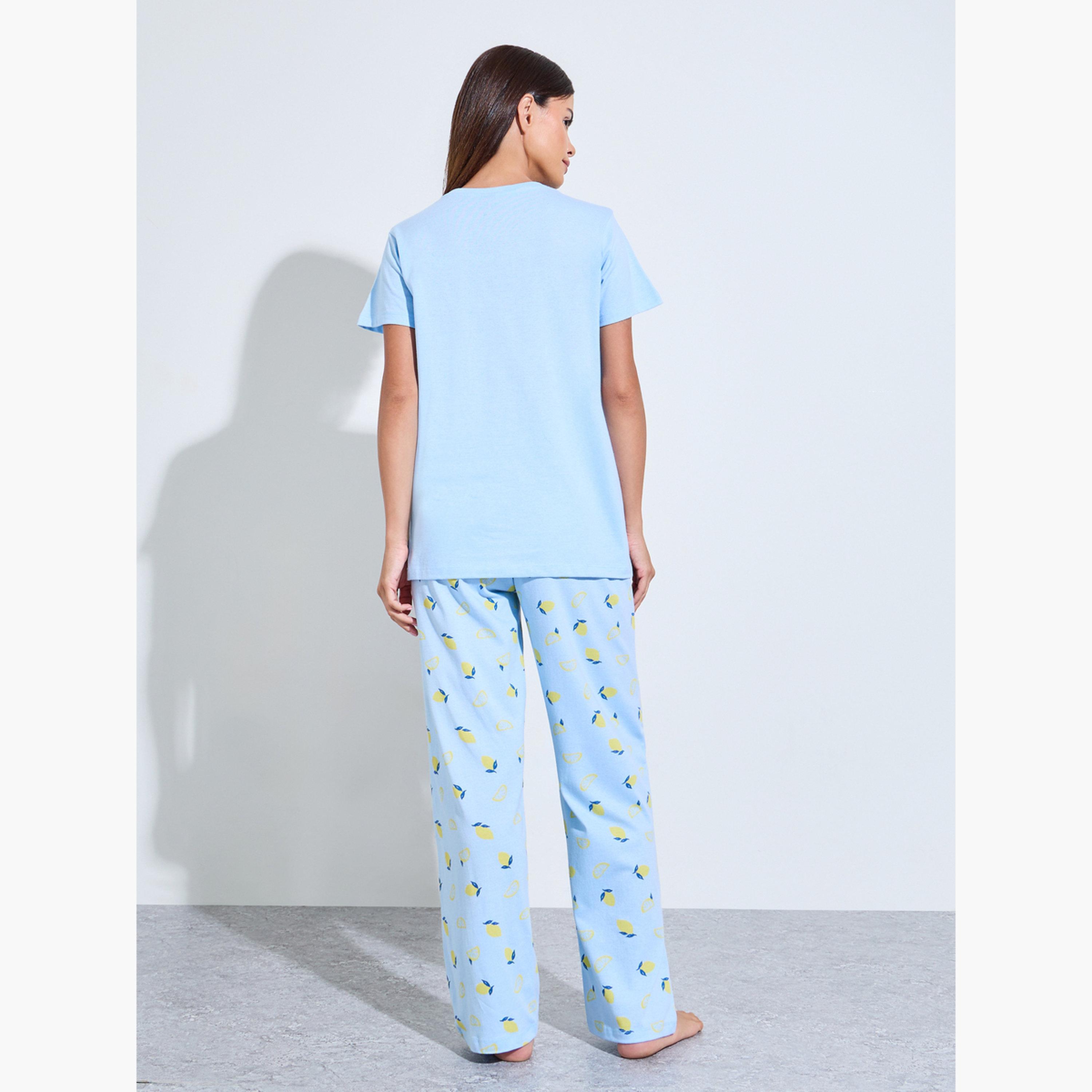 Styli Pack of 3 - Blue Graphic Print T-Shirt, Shorts and Pyjama Set-women-clothing-nightwear-pyjamas-longsets-image-5