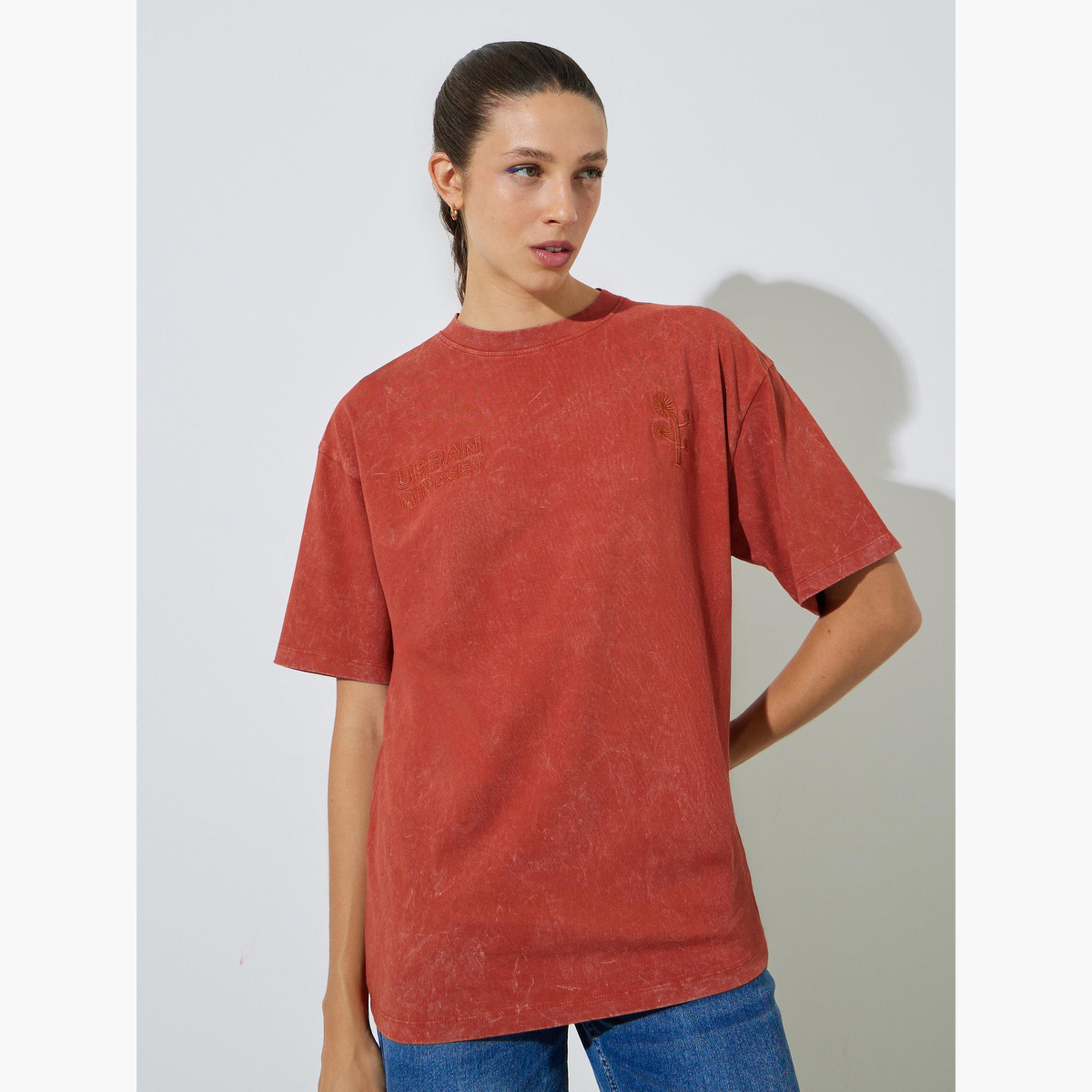 Styli Rust Tonal Slogan Embroidered 100% Cotton Washed T-Shirt-women-clothing-tshirts-image-1