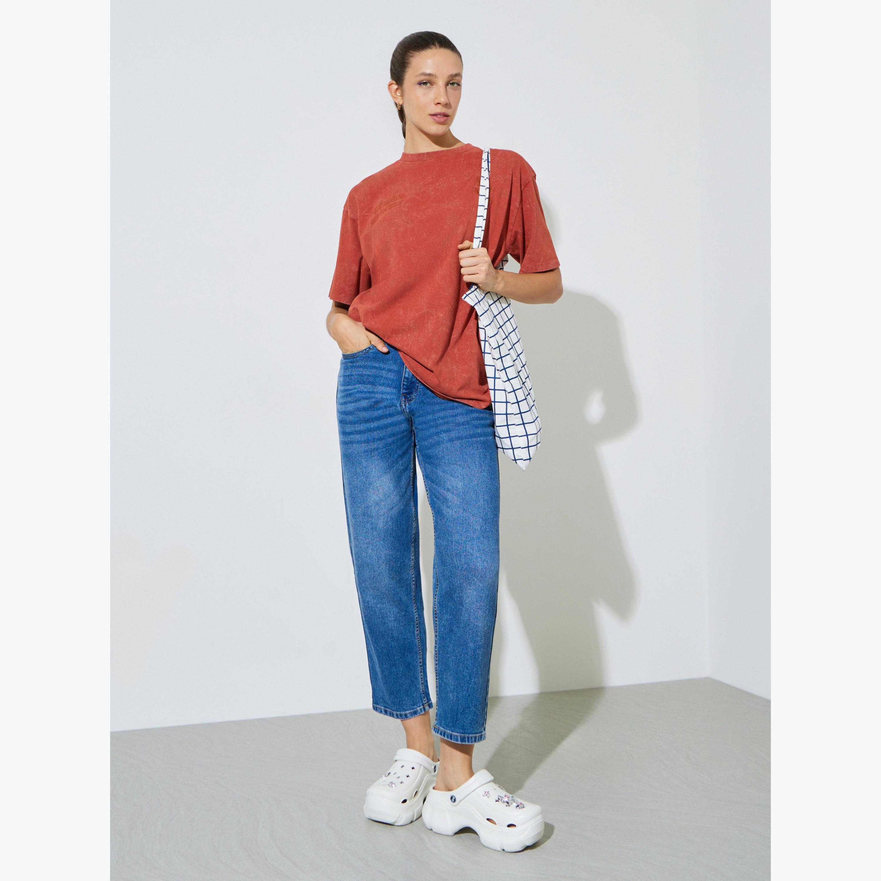 Styli Rust Tonal Slogan Embroidered 100% Cotton Washed T-Shirt-women-clothing-tshirts-image-2