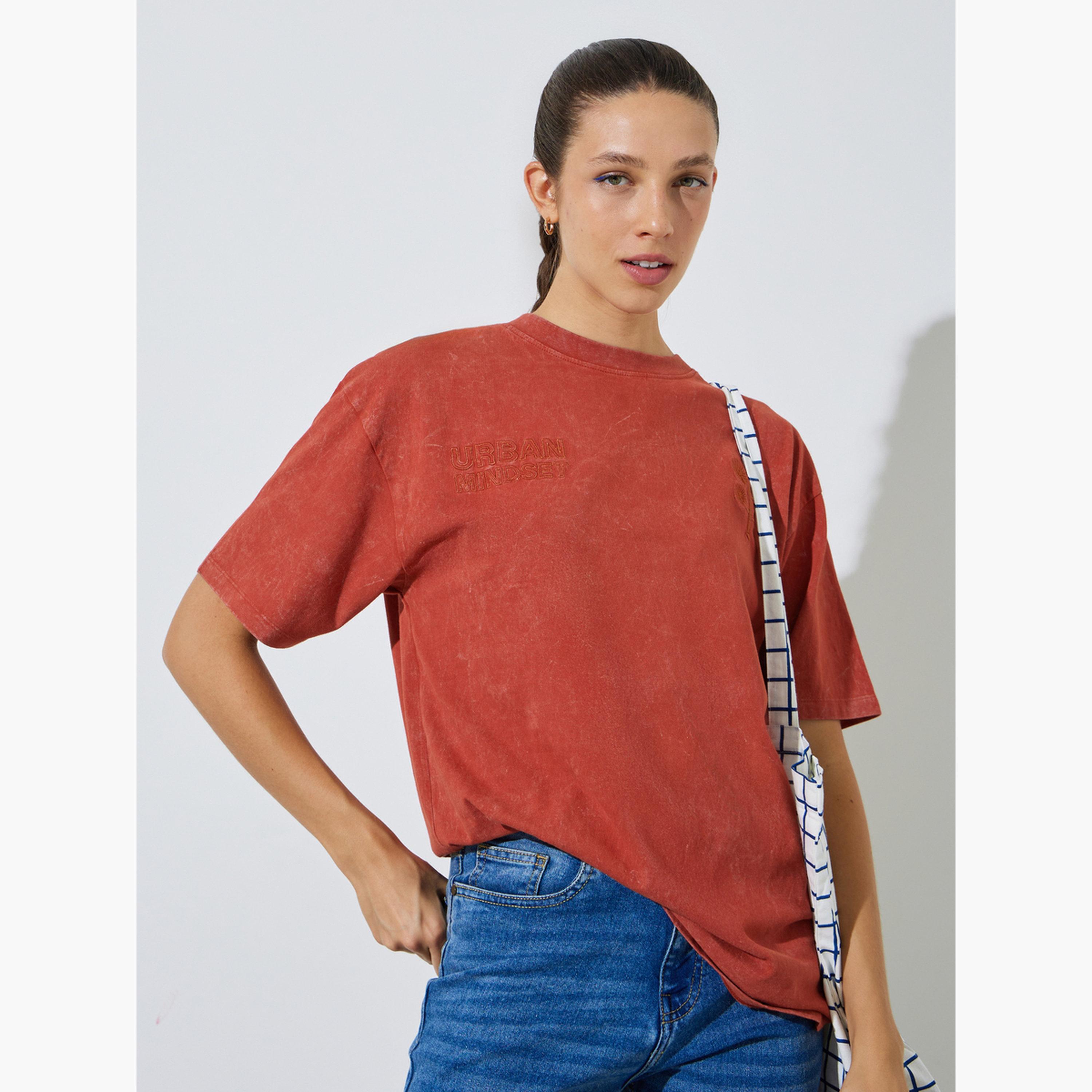 Styli Rust Tonal Slogan Embroidered 100% Cotton Washed T-Shirt-women-clothing-tshirts-image-3