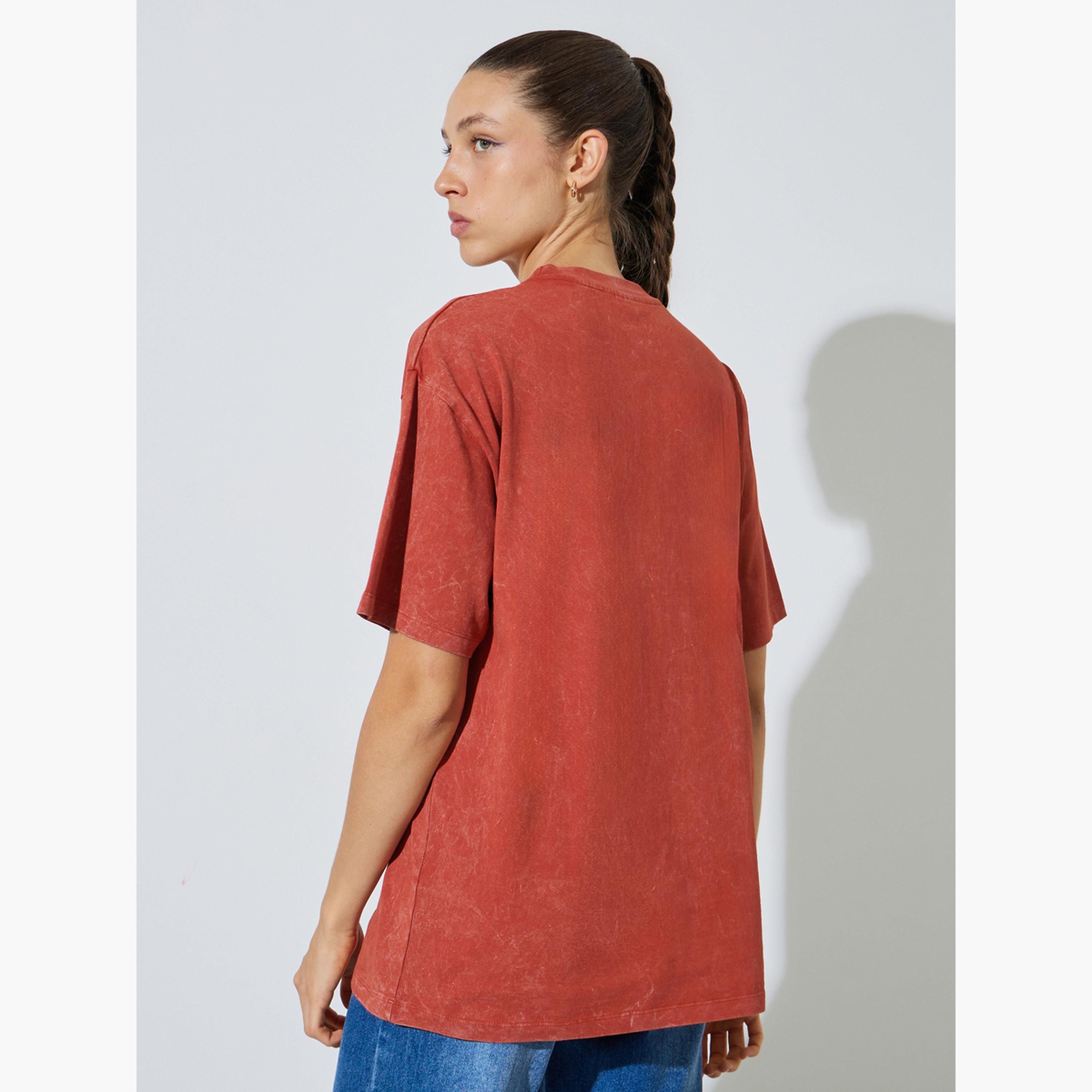 Styli Rust Tonal Slogan Embroidered 100% Cotton Washed T-Shirt-women-clothing-tshirts-image-4