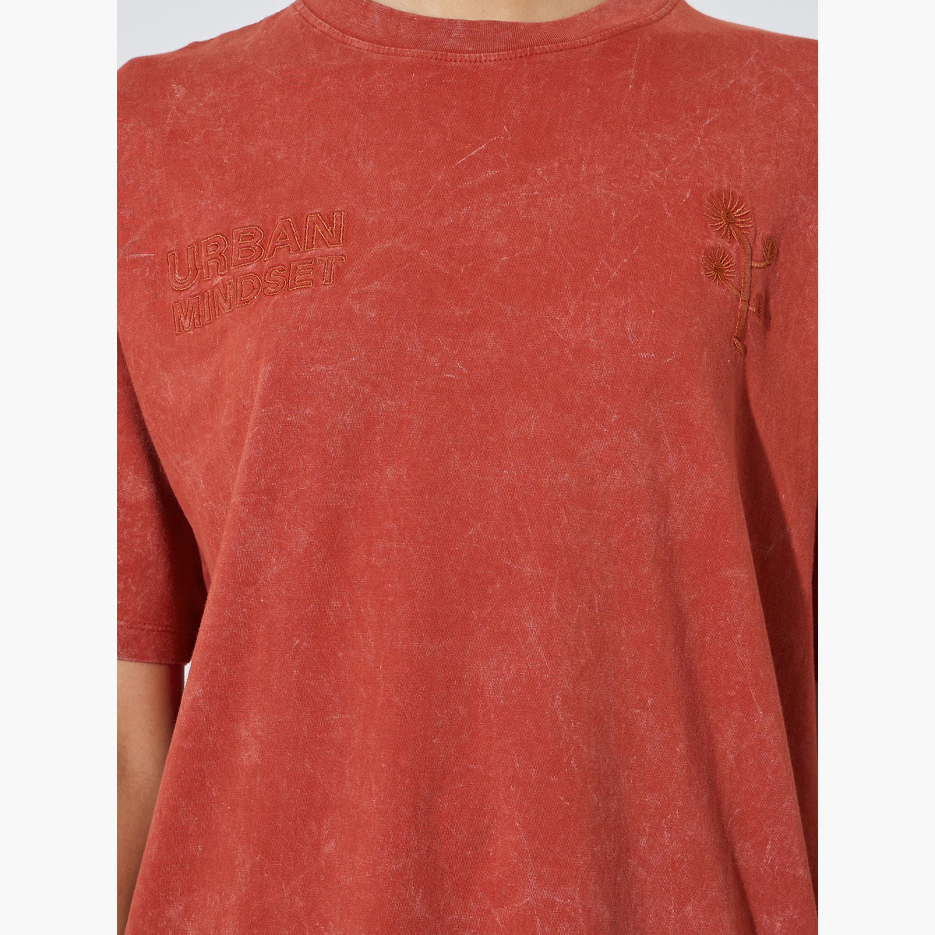 Styli Rust Tonal Slogan Embroidered 100% Cotton Washed T-Shirt-women-clothing-tshirts-image-5