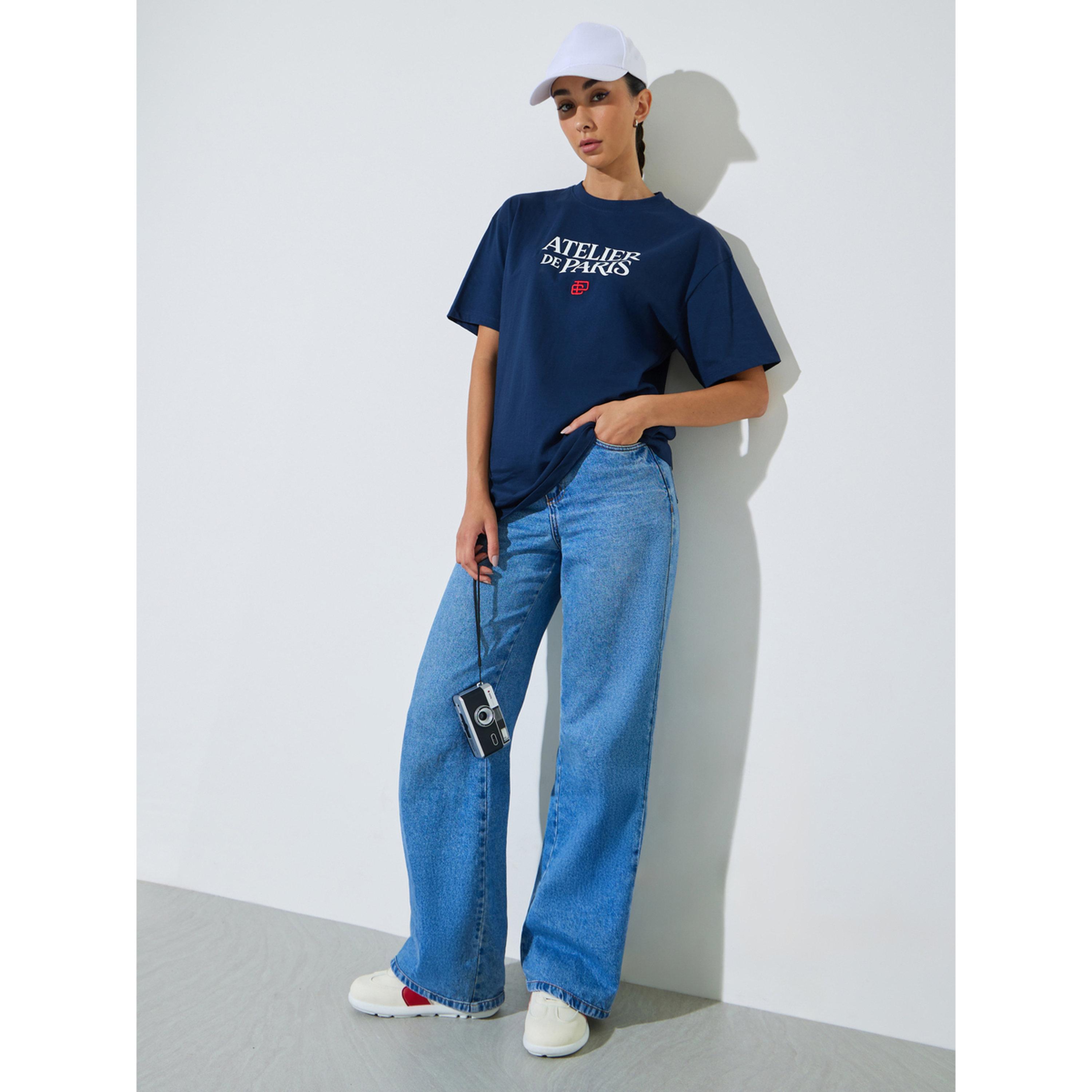 Styli Navy Blue Slogan and Embroidered Cotton T-Shirt-women-clothing-tshirts-image-2