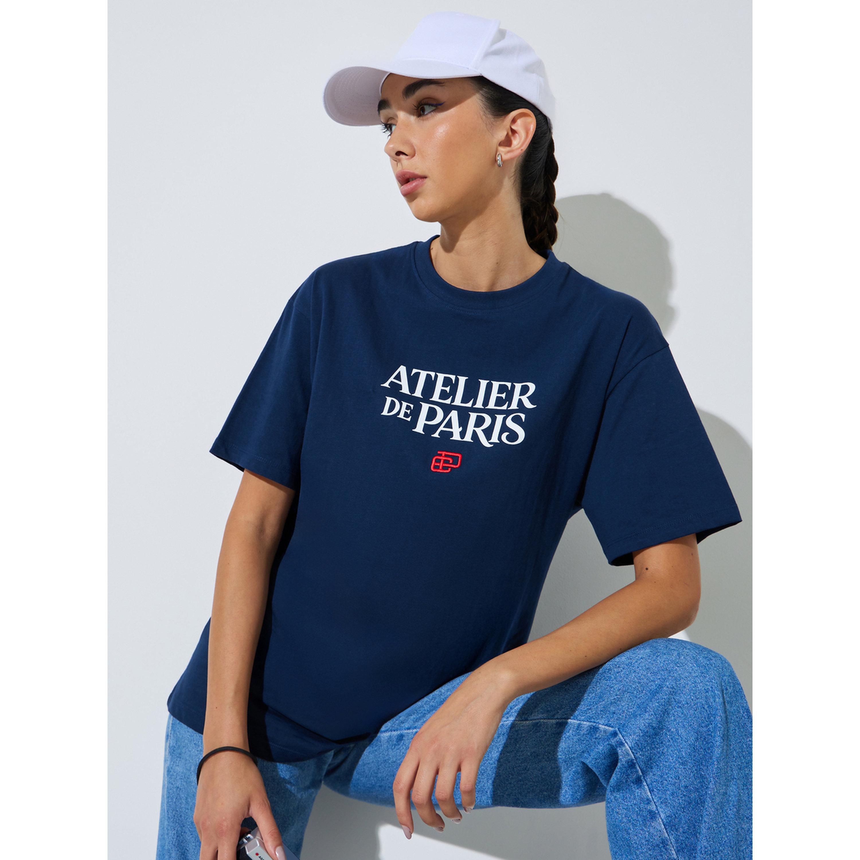 Styli Navy Blue Slogan and Embroidered Cotton T-Shirt-women-clothing-tshirts-image-3