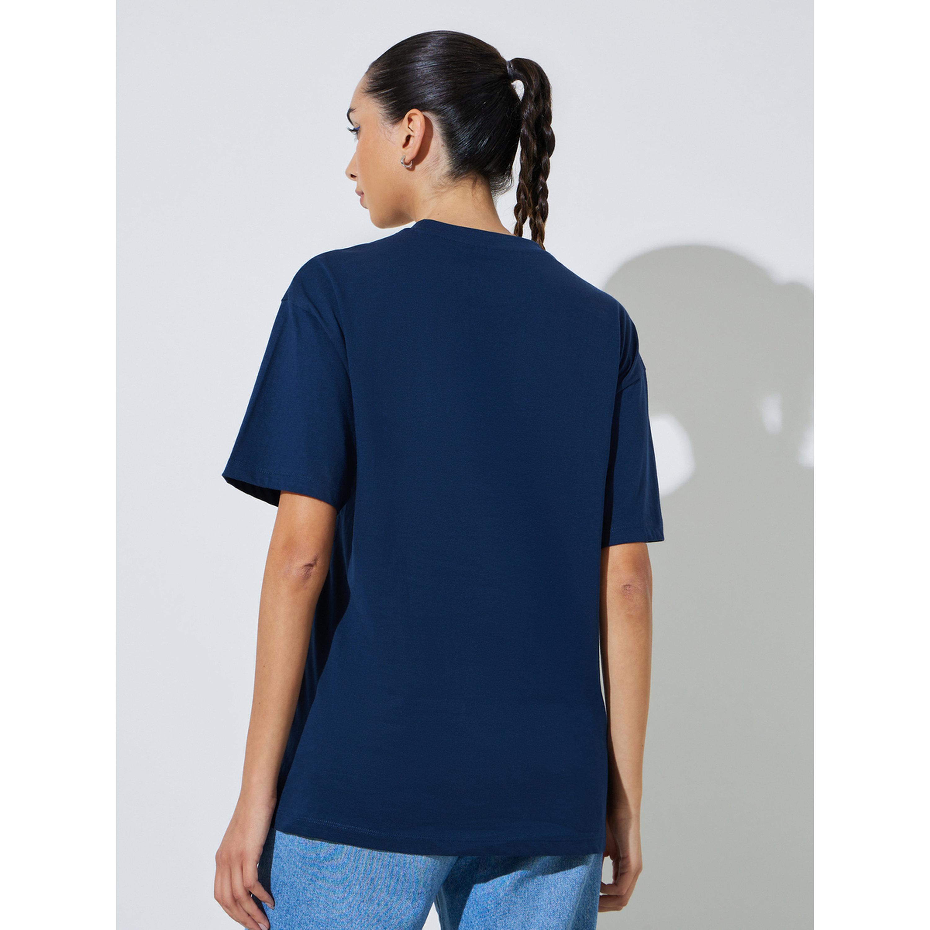 Styli Navy Blue Slogan and Embroidered Cotton T-Shirt-women-clothing-tshirts-image-4