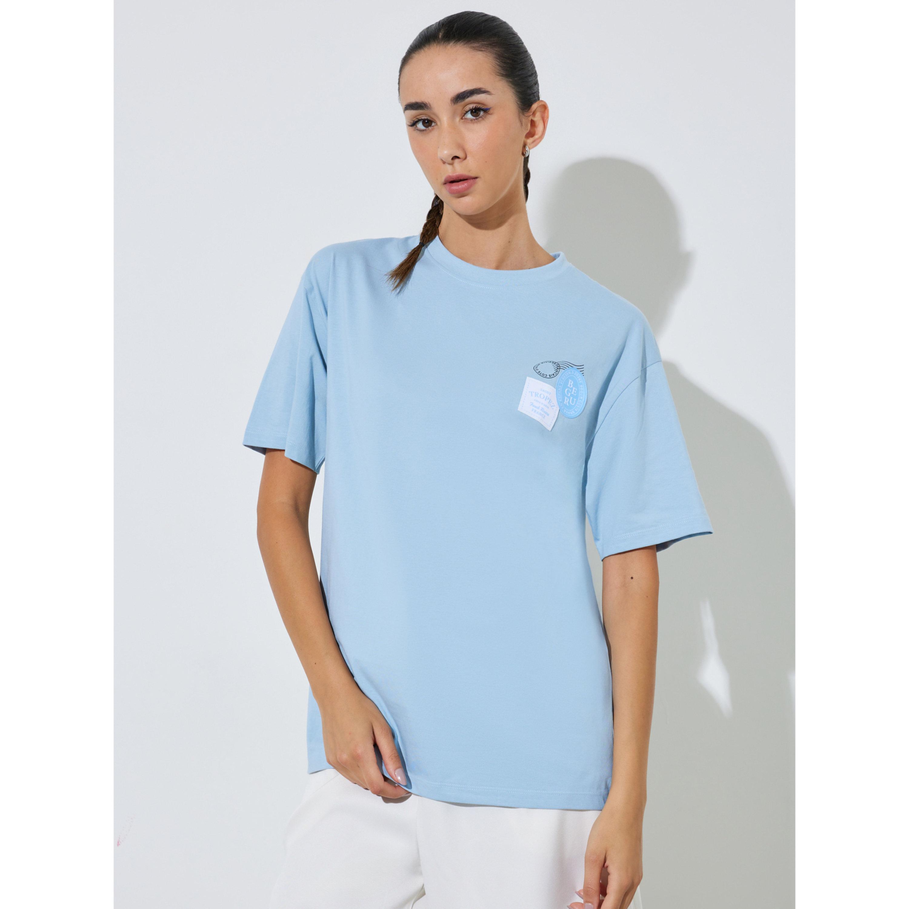 Styli Blue Cotton Graphic Print Round Neck T-Shirt-women-clothing-tshirts-image-1