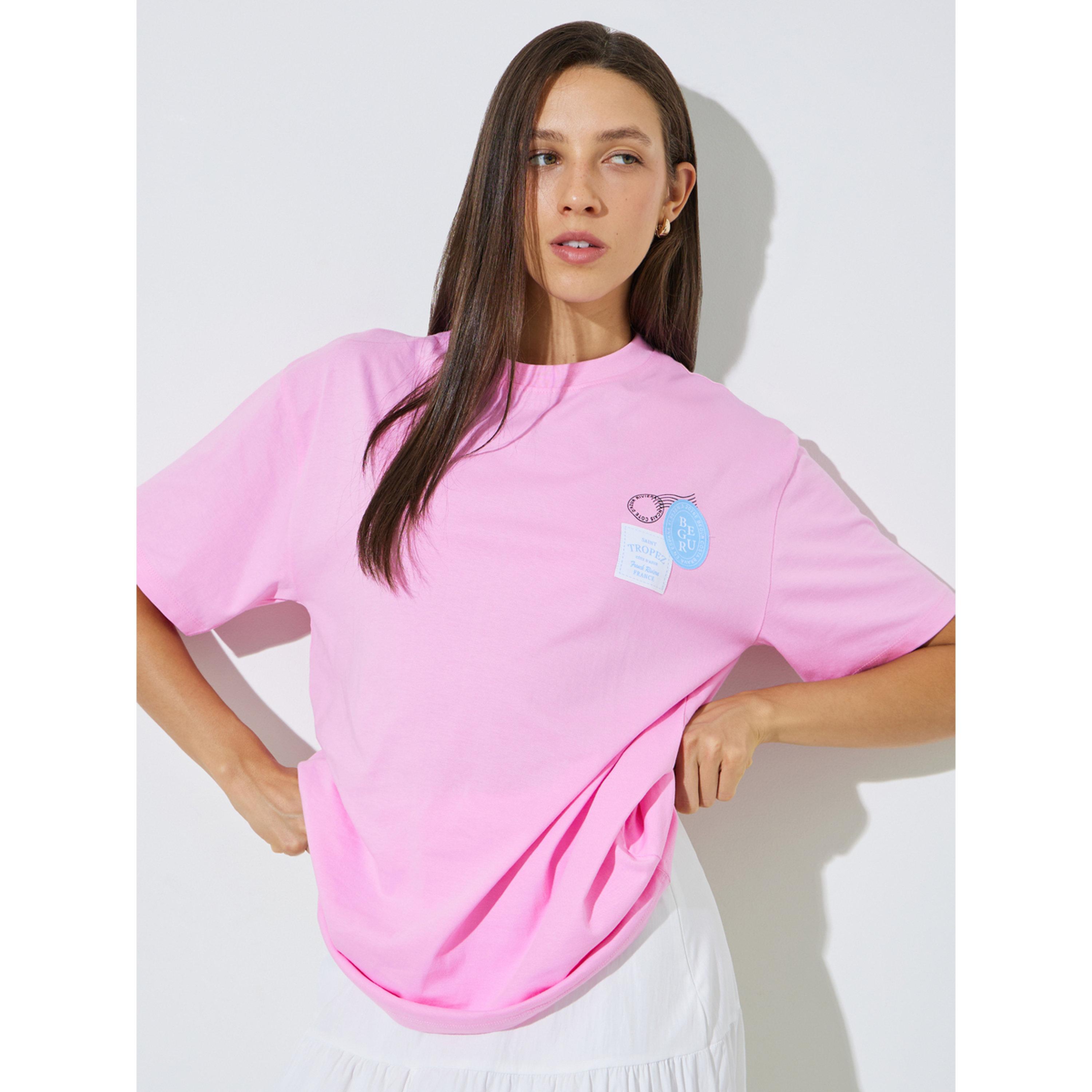 Styli Pink Cotton Graphic Print Round Neck T-Shirt-women-clothing-tshirts-image-3