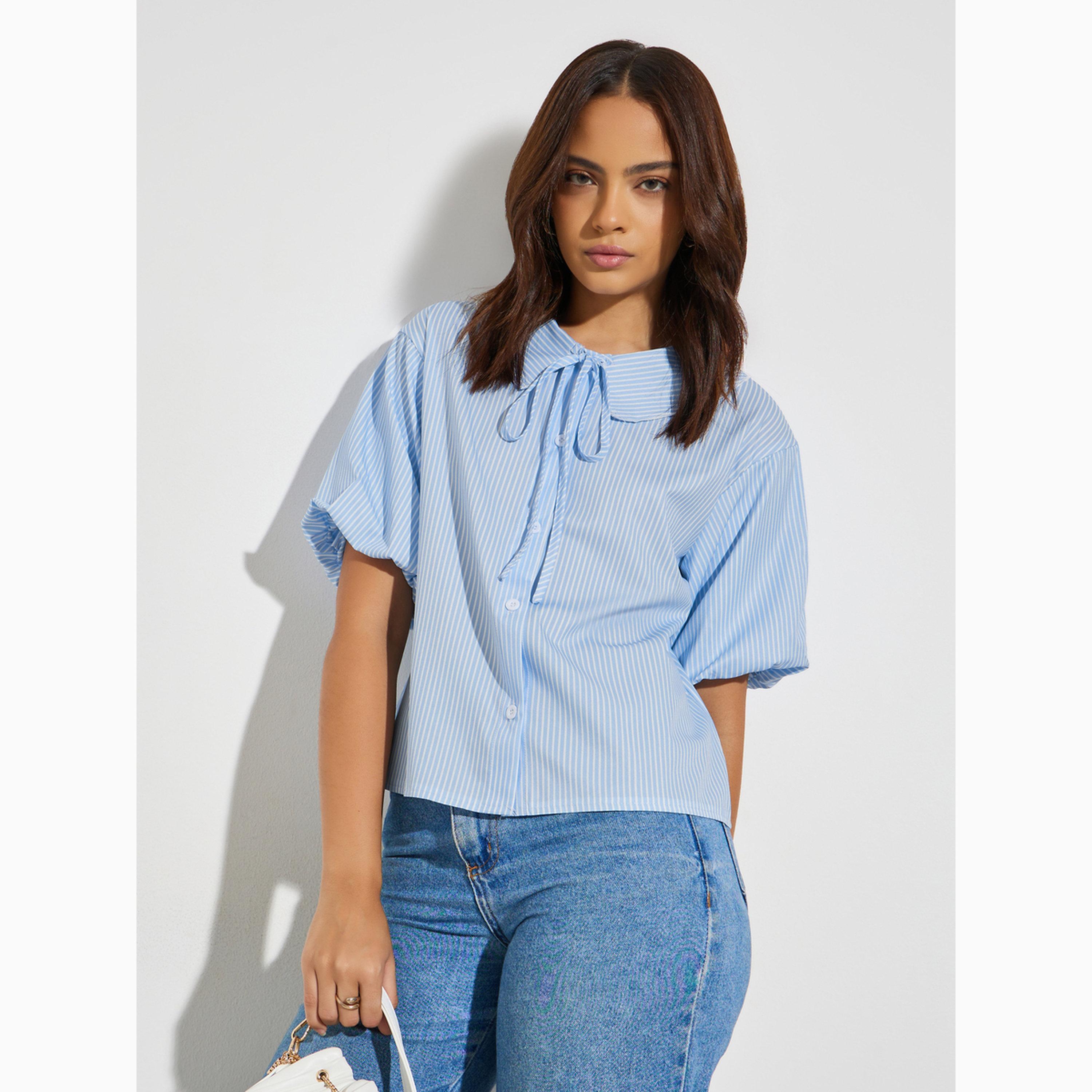 بلوزة بأكمام قصيرة ومخططة برباط ياقة-women-clothing-shirtsandblouses-shirts-image-1