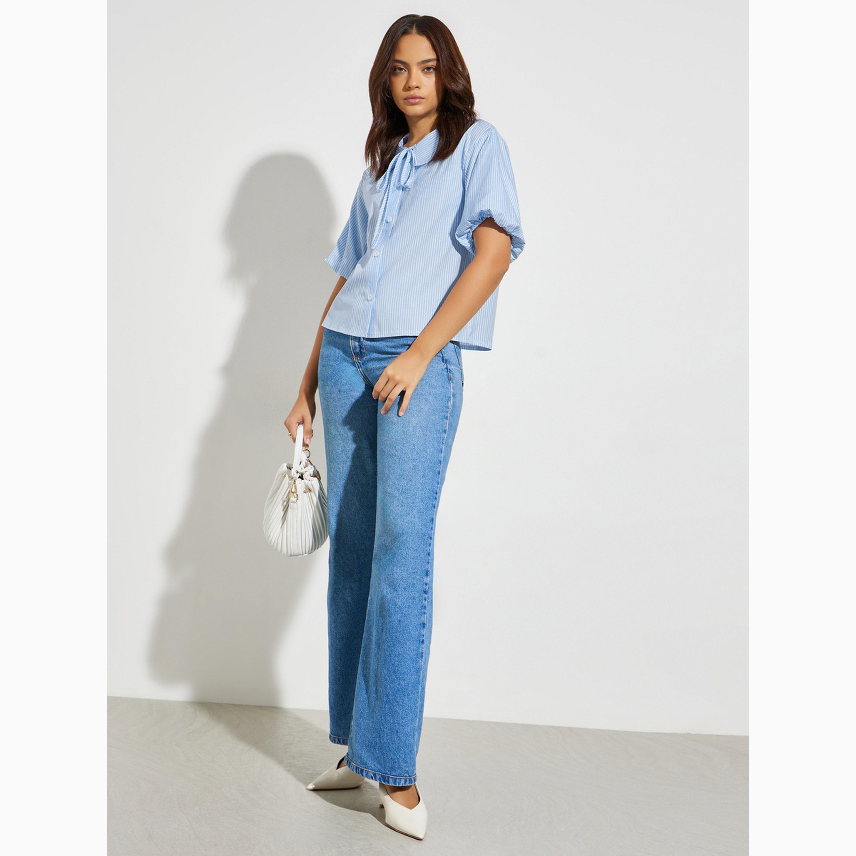 Styli Blue Striped Tie-Neck Short Sleeve Shirt-women-clothing-shirtsandblouses-shirts-image-2