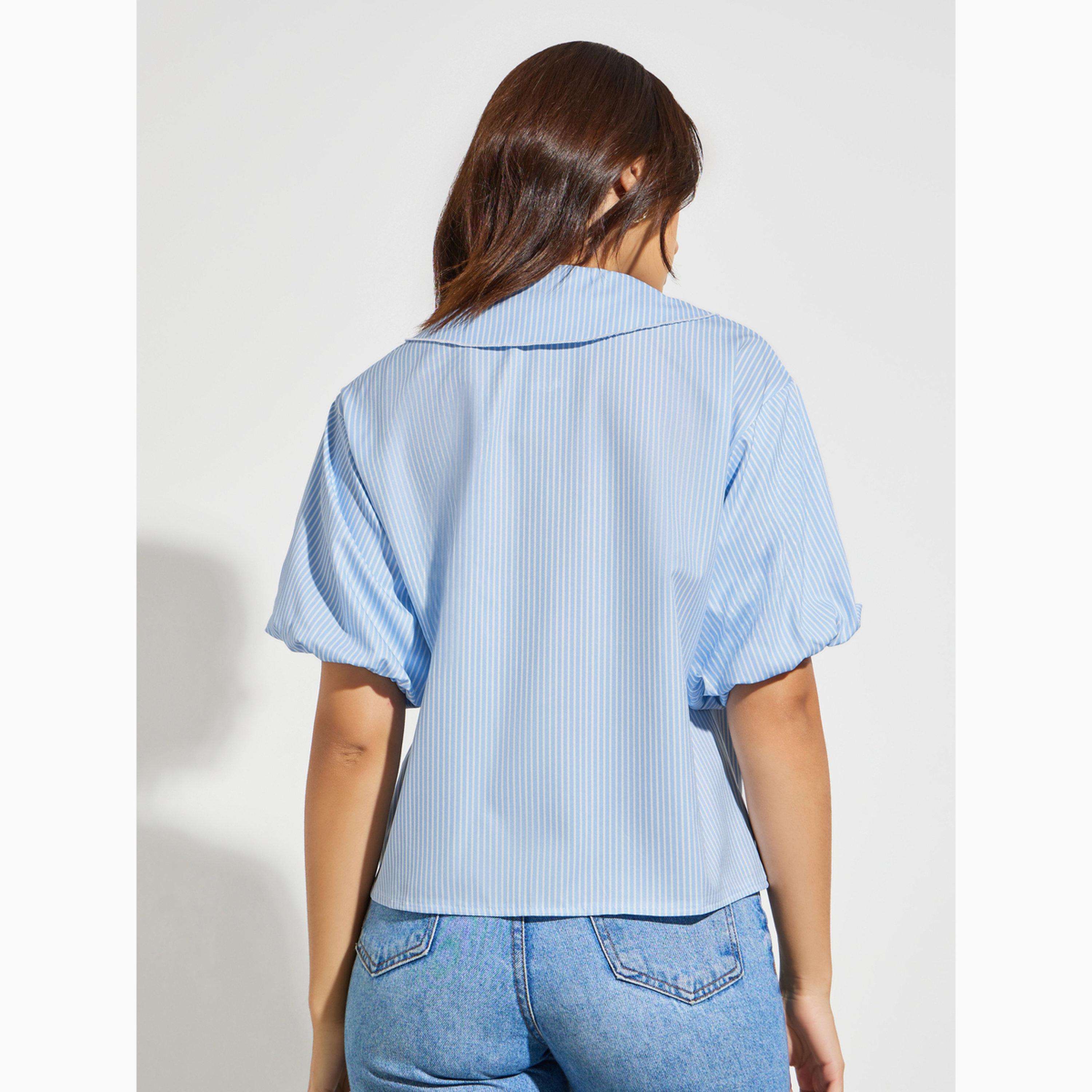 Styli Blue Striped Tie-Neck Short Sleeve Shirt-women-clothing-shirtsandblouses-shirts-image-3
