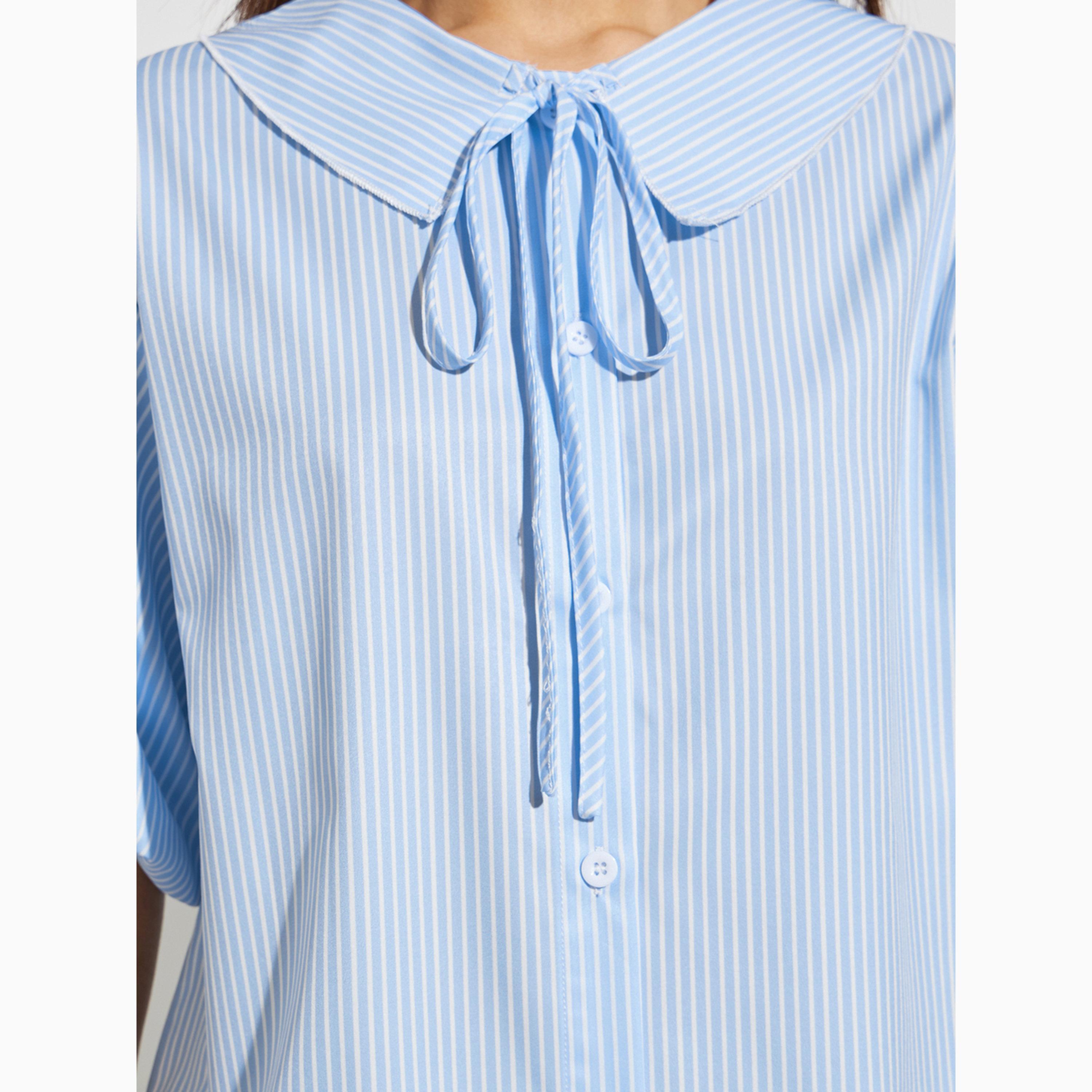 Styli Blue Striped Tie-Neck Short Sleeve Shirt-women-clothing-shirtsandblouses-shirts-image-4