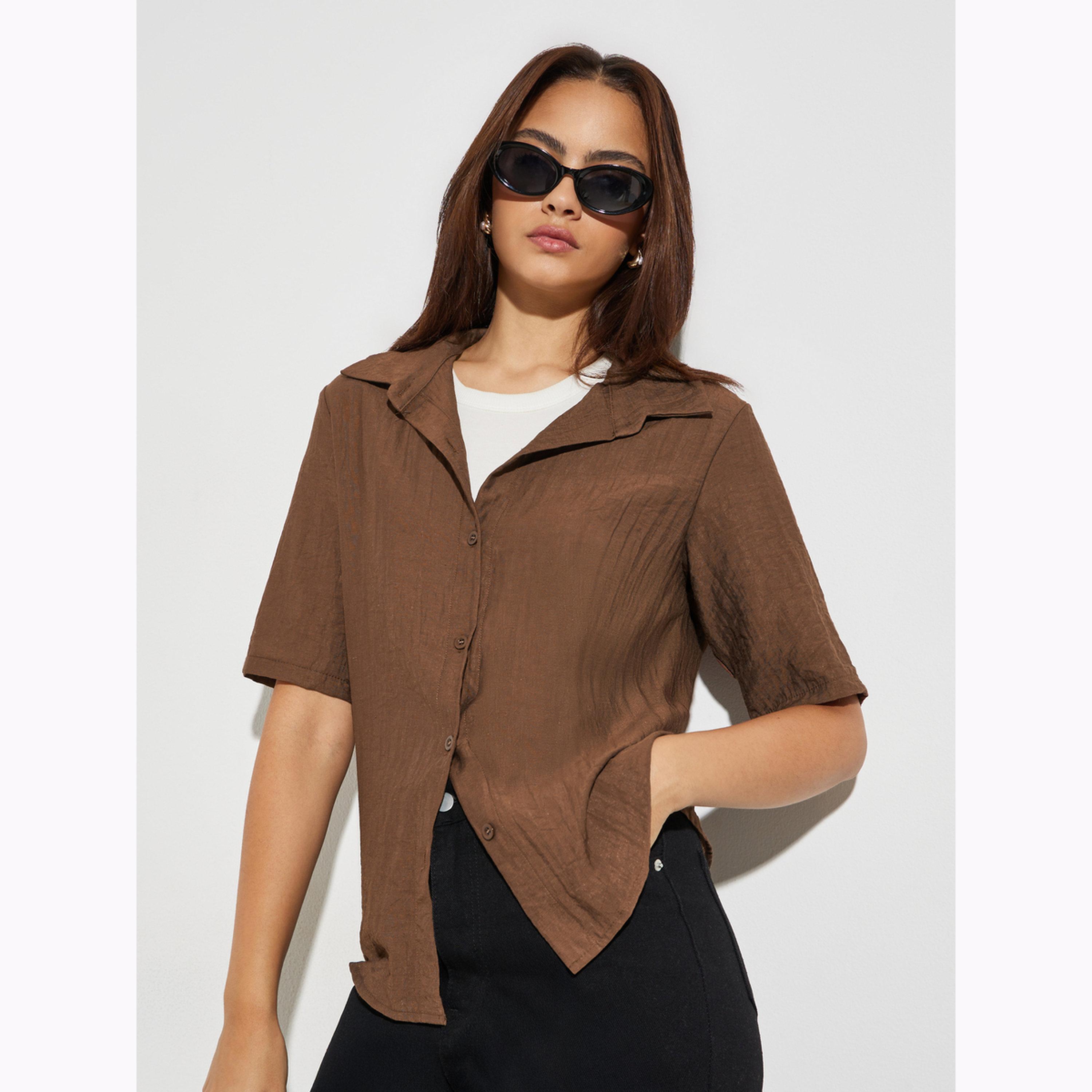 Styli Brown Textured Button-Down Shirt-women-clothing-shirtsandblouses-shirts-image-1