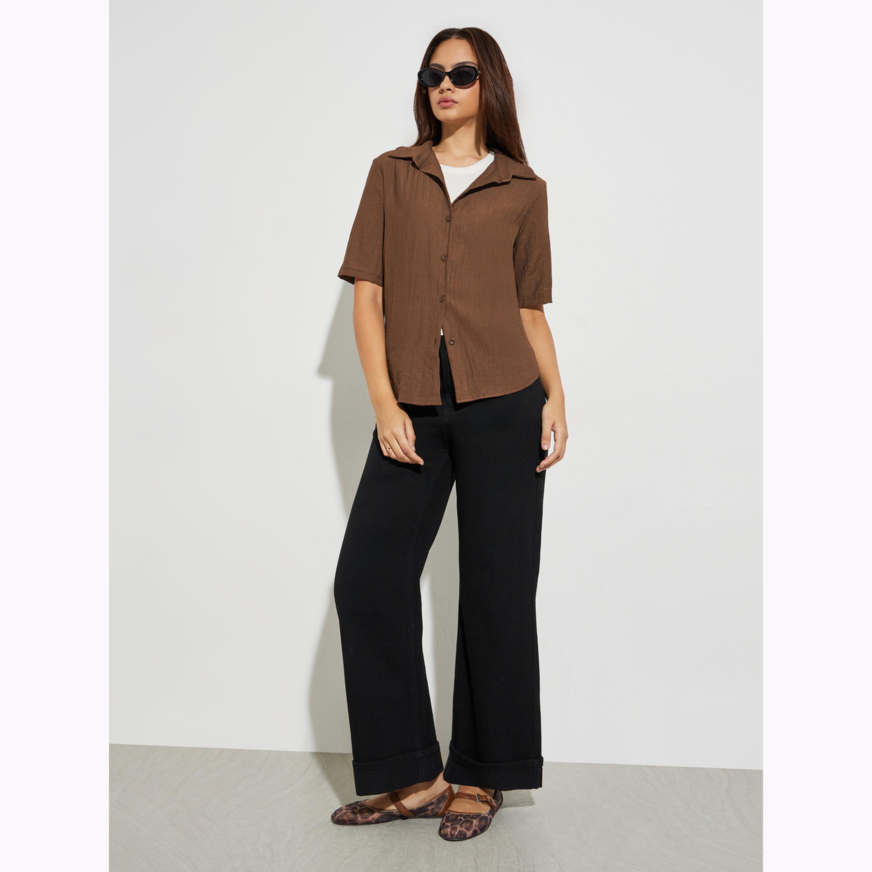 Styli Brown Textured Button-Down Shirt-women-clothing-shirtsandblouses-shirts-image-2